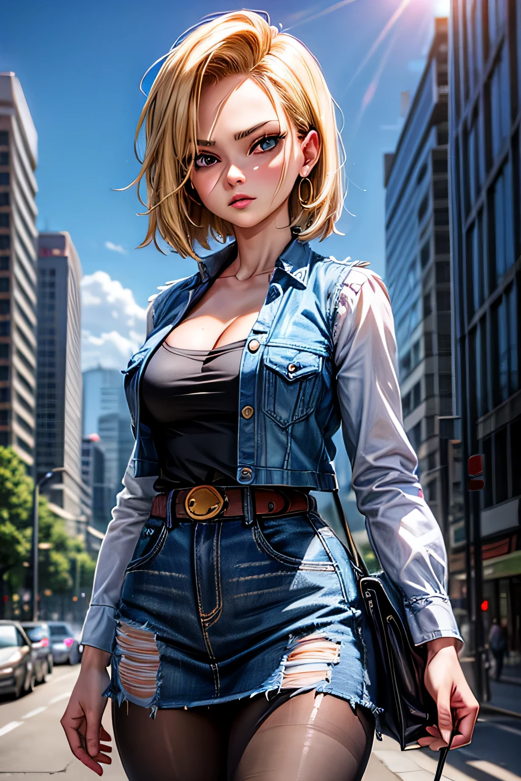 android 18, android 18, blonde hair, blue eyes, eyelash, hoop earrings, short hair, earrings, break belt, black legwear, black shirt, breast pocket, cleavage, clavicle, denim, denim skirt, high-waist skirt, jewelry, long sleeve, pocket, shirt, shirt tucked in, skirt, striped, striped sleeves, waistcoat,, break outdoors, city, null, cloud, sun, break looking at viewer, (cowboy shot:1.5), break (masterpiece:1.2), highest quality, High resolution, unity 8k wallpaper, (shape:0.8), (beautiful and detailed eyes:1.6), highly detailed face, perfect lighting, Very detailed CG, (perfect hands, perfect anatomy)