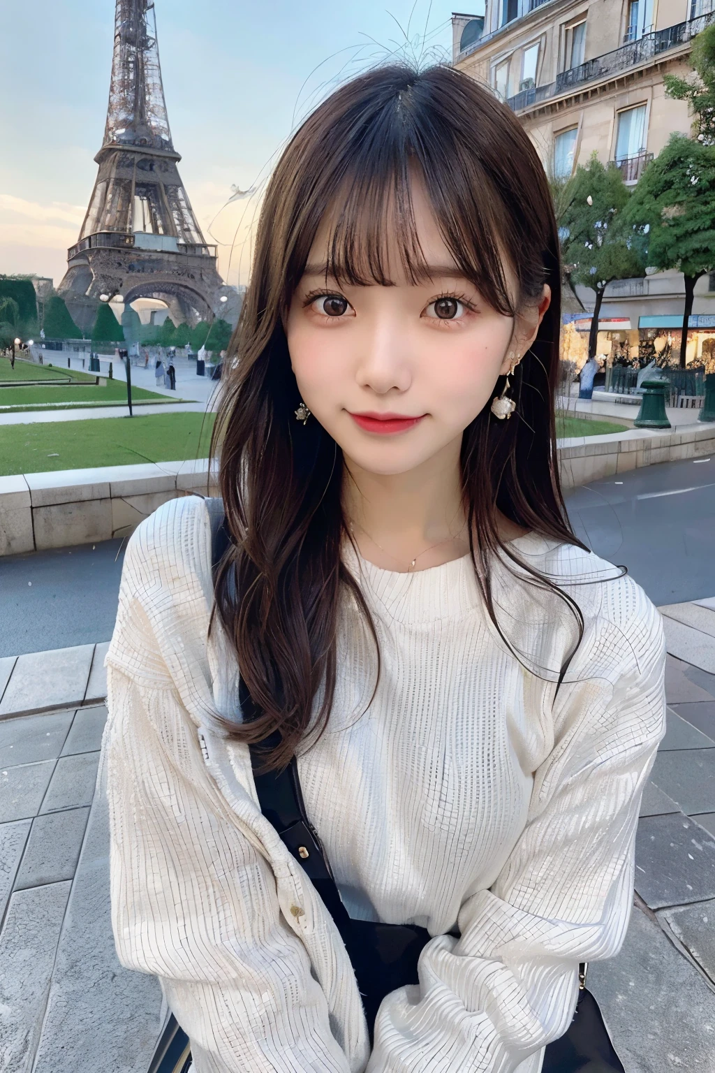 The season is winter、Detailed background of the Eiffel Tower, fine clothes, one girl, (20:1.2), 20th generation, cute girl, authentic body, small, white skin, glowing skin, Because I'm slender, handsome body, black hair,long hair, (dull bangs: 1.2), smile, cute, like々New, かわいらNew顔, genuine istic face, delicate eyes, , cute loungewear, , earrings, cute face,Beautiful clothes,Winter clothes、one piece、 Landscape, , contrap post, Dynamic Writing, medium breasts, 、smile、thin tear bag、No discomfort、real、The background is the entire image of the Eiffel Tower、The Eiffel Tower is the star、Europe、I went on a trip to the Eiffel Tower with my girlfriend.。