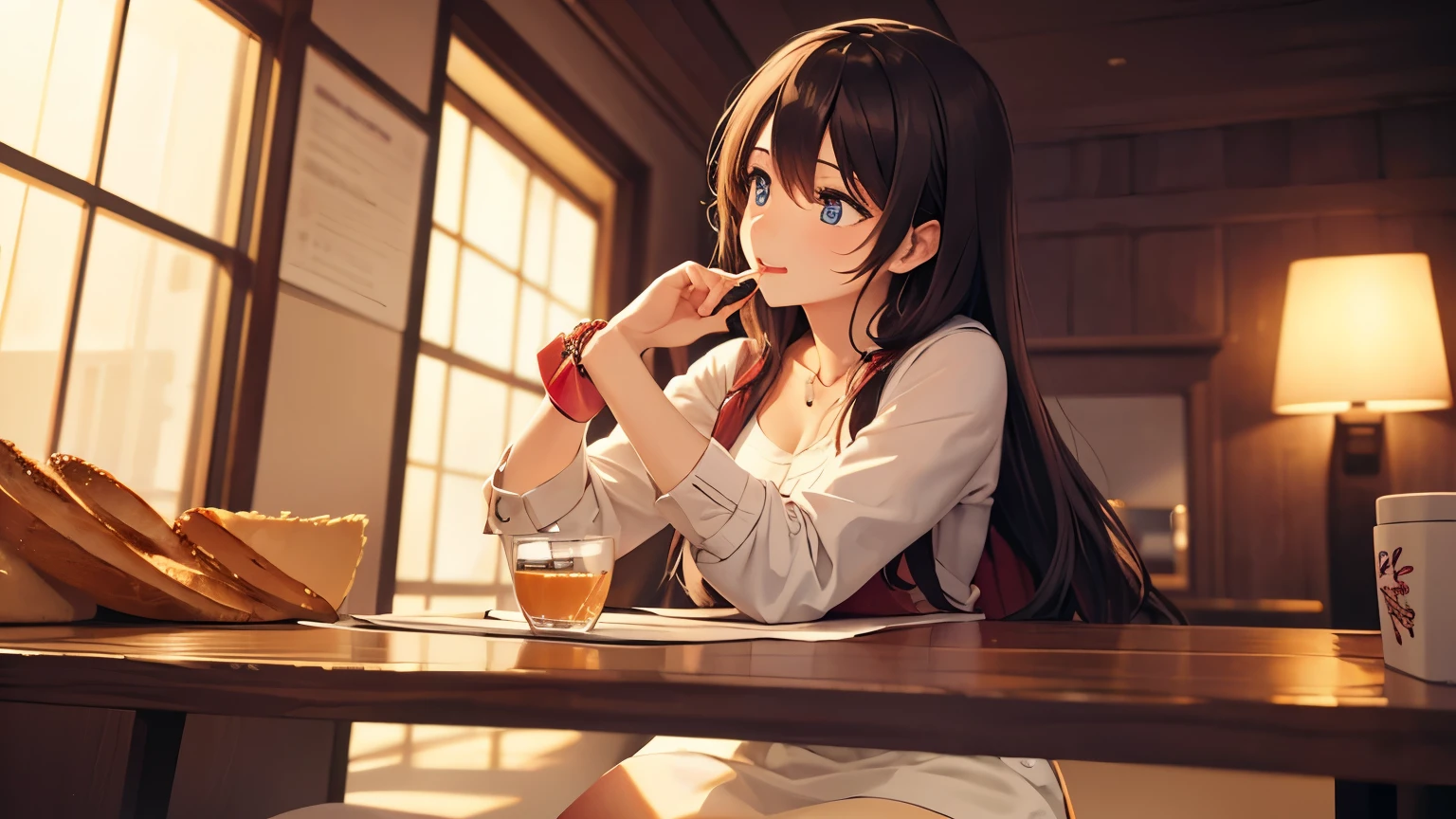 Woman Eating Bread, midnight,A relaxing room, 2D style anime, lo fi, HD, Japan