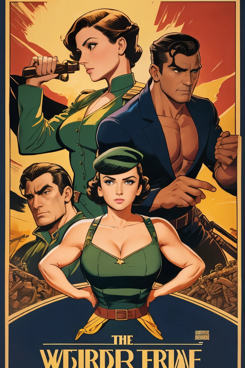 Arte Inspirada John Buscema, World War II poster, vemos uma enfermeira (1mulher)segurando uma pasta, uniforme hospitalar perfeito, short hair up to the shoulders, cor negro, olhos verdes claros, seios pequenos, corpo delgado, imponente em uma tenda hospitalar no Fronte, Cannon fire, A scene showing seriousness and conviction,peitos grandes,de baixo pra cima