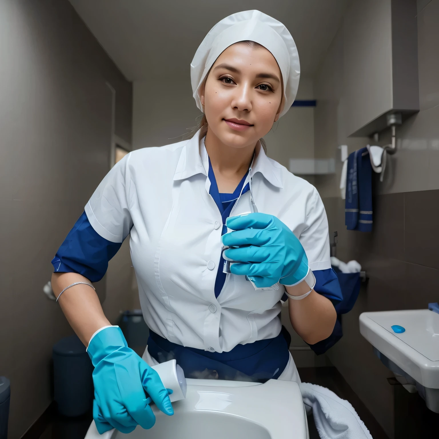 woman in a white shirt and blue gloves cleaning a toilet, healthcare worker, clean medical environment, maid, very professional, portrait shot, cleaning future, professional, cleanest image, nursing, wearing maid uniform, shutterstock, nurse, photo taken in 2 0 2 0, sterile, caretaker, taken in 2 0 2 0, profile image