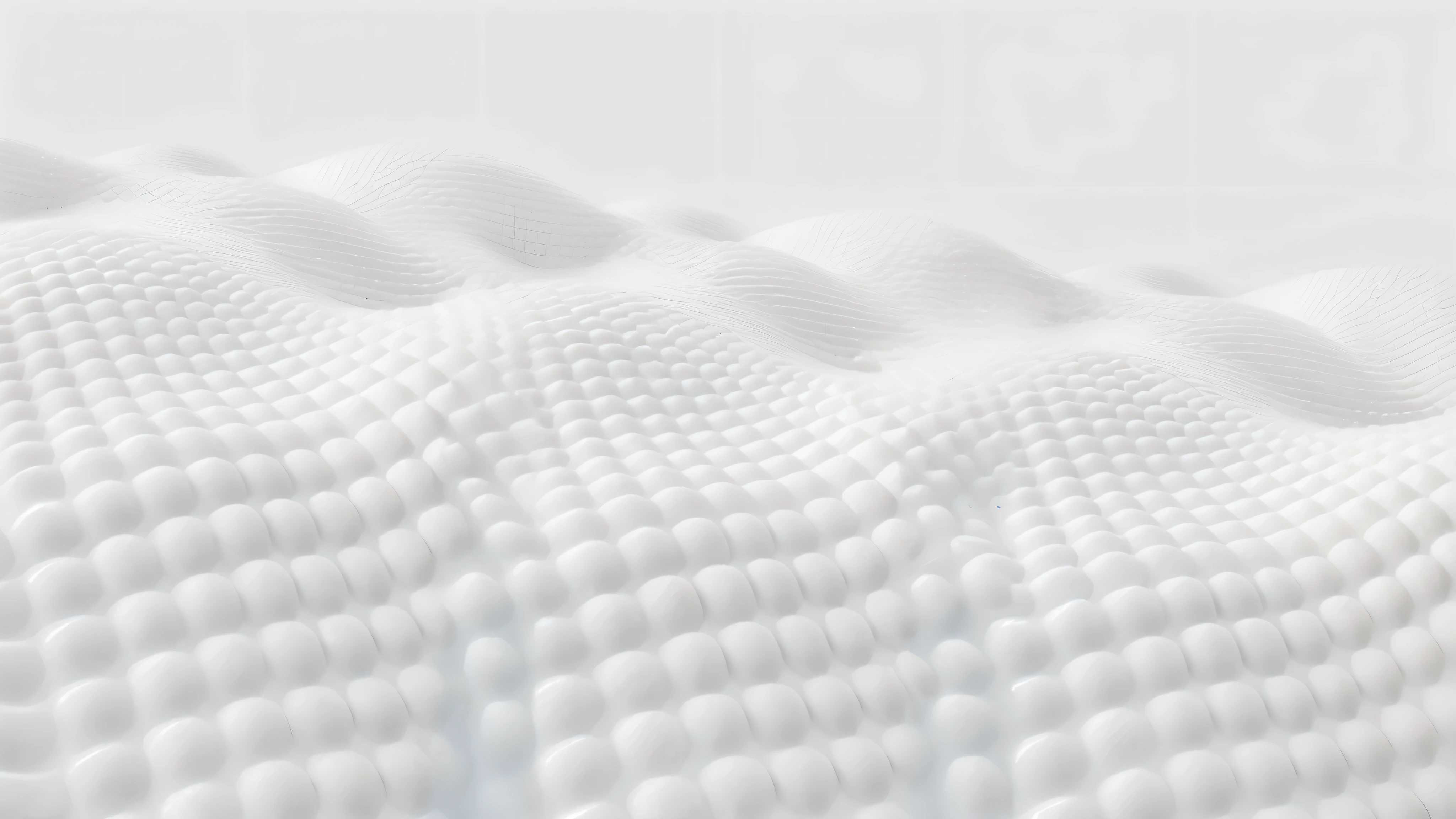 Close-up of a white surface with a large number of white circles, Rippled white landscape, Soft scale texture, Soft surface texture, smooth surface render, Soft 3D rendering, hyperdetailed crisp render, Smooth rendering, Made up of points, subtle pattern, smooth surface, abstract white fluid, seamless micro detail, Texture details, Highly realistic bump mapping