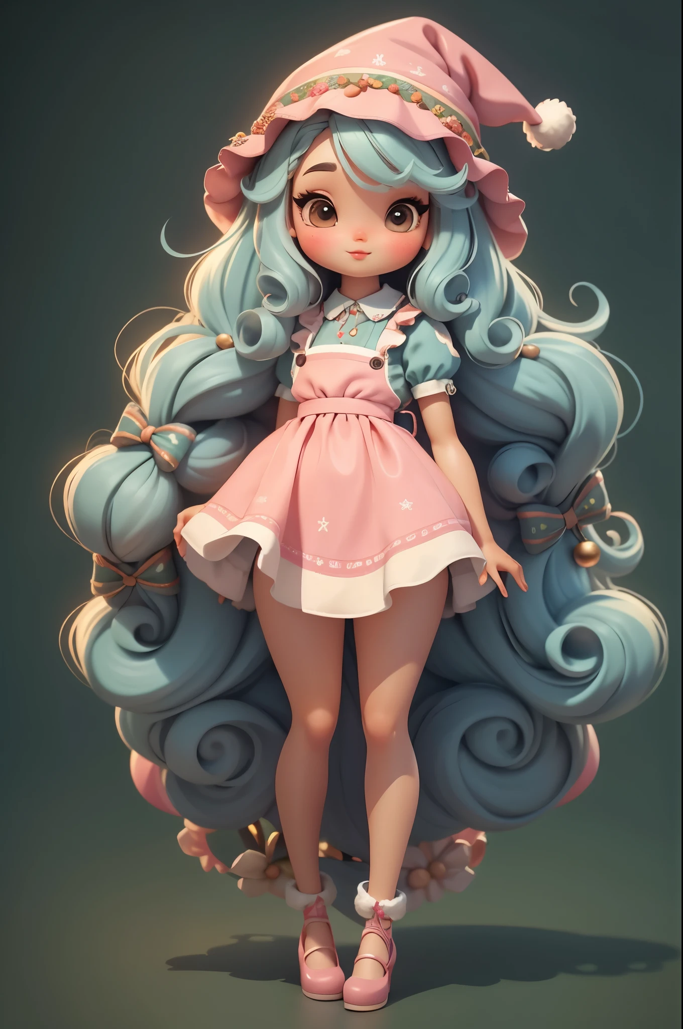 Create a line of cute Christmas-themed chibi-style dolls, Each features tons of detail and 8K resolution. All dolls should follow the same solid color background pattern and be complete within the image, show (whole body, including legs: 1.5)
bone karnatal: call her bella. She must have long curly hair in pastel colors。, Tie into two braids. your eyes should be big and bright, long eyelashes and rosy cheeks. Bella must wear a delicate long dress, Pair with a printed apron and maxi skirt. She should put on her hat and prepare her Christmas ornaments, And the other one has nothing. Don't forget the details, Colorful details and charming decor, Bonito Advanced Certificate, Hair texture and details, clothing, Cute accessories for each doll, Make them more cute and charming.