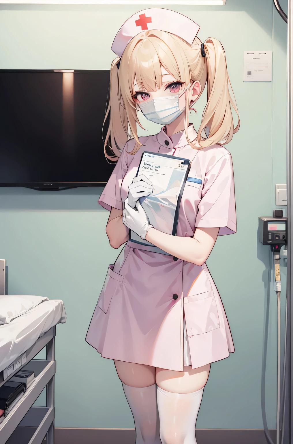 1 girl, alone, nurse, nurse cap, Whiteware, ((white legwear, zettai ryouiki)), white gloves, twin tails, yellow hair, purple eyes, ((White surgical mask, Covered nose)), Are standing, ((hospital room)), sharp outline, short sleeve, highest quality, masterpiece