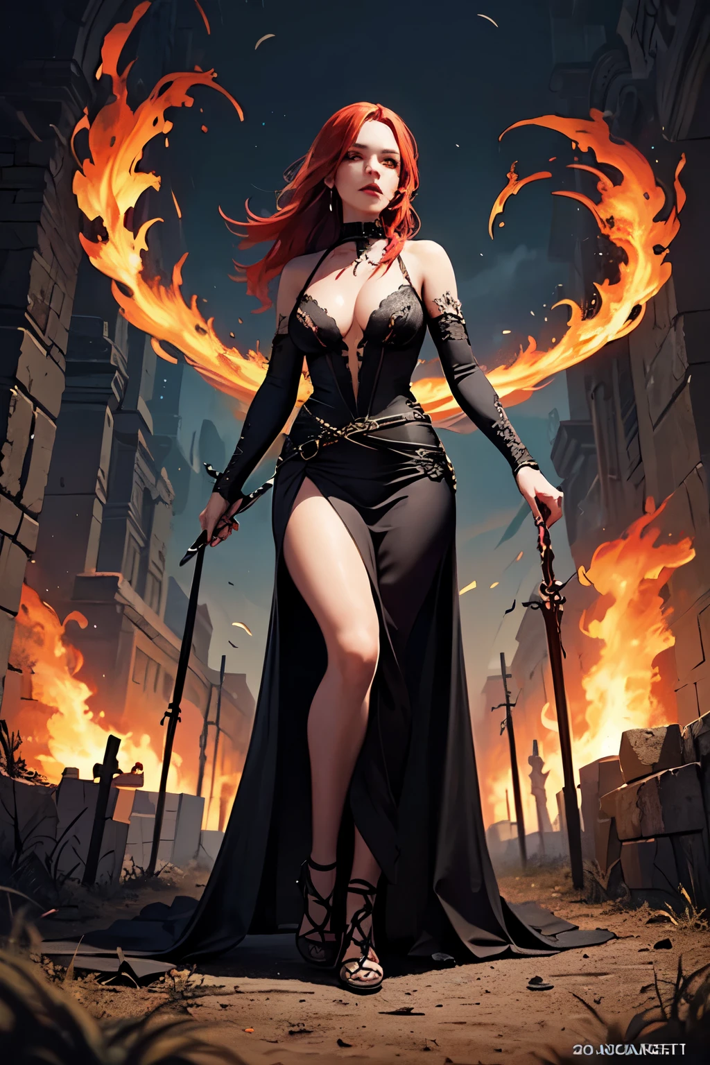 ((best quality)), ((masterpiece)), (detailed), perfect face, A sexy red haired vampire with burning eyes sits in a ghostly graveyard, full body, her black dress is open to her waist revealing her abs, blood drips from her lips as she stares into the distance, fantasy art, gothic