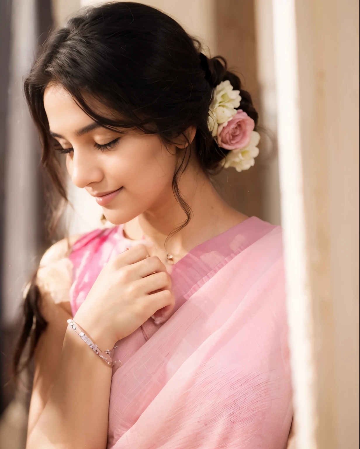 Beautiful ,23 years young Indian girl healthy, confidential looking,8k,realistic, raw photo,dark brown hair,fair skin, indian,long hair,clear facial features,, very detailed, 23years old, innocent face, natural wavy hair, high resolution, masterpiece, best quality, intricate details, highly detailed, sharp focus, detailed skin, realistic skin texture, texture, detailed eyes, professional, 4k, charming smile, shot on Canon, 85mm, shallow depth of field, kodak vision color, perfect fit body, extremely detailed, foto_\(ultra\), photorealistic, realistic, post-processing, maximum detail, roughness, real life, ultra realistic, photorealism, photography, 8k uhd, photography