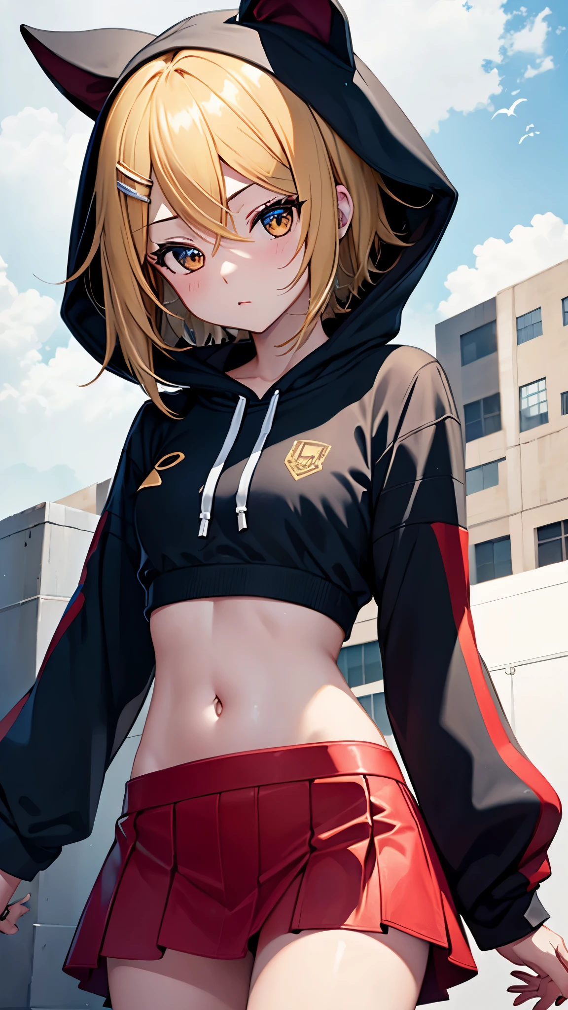 Kagamine rin , 1 girl , wearing a red hooded sweater , white miniskirt with gold horizontal lines , viendo al espectador , bragas visibles , rostro seductor ,(imagen de ultra alta calidad 8k ) obra maestra ( high-definition picture ) , maximum image resolution , ( detalles de la imagen bien definidos )