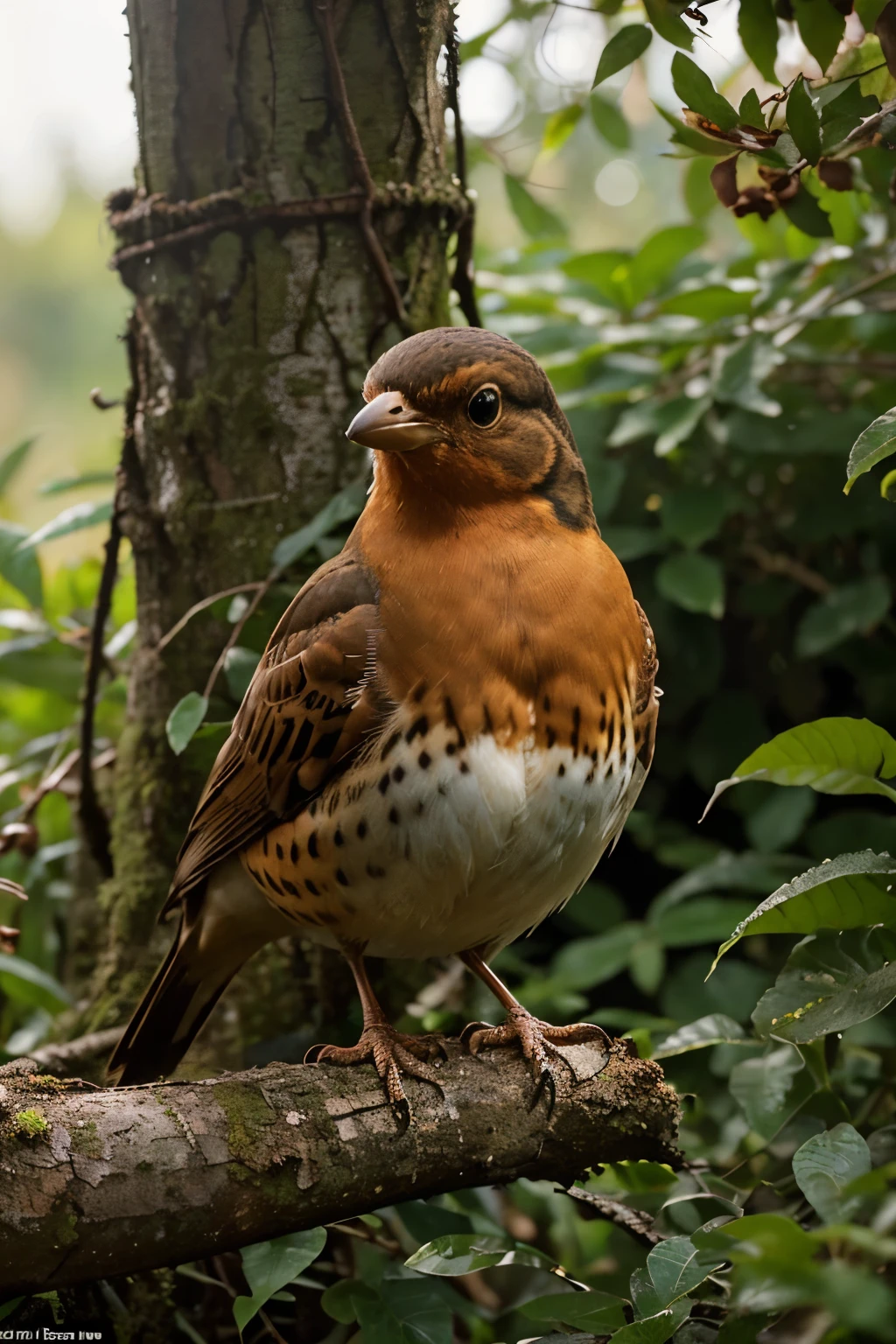 Create a vivid, high-resolution photograph capturing the natural essence of the Turdus rufiventris, commonly known as the Rufous-bellied Thrush. Emphasize the bird's distinctive features, such as its russet-brown plumage, contrasting pale underparts, and the characteristic orange tint on its abdomen. Ensure the image portrays the thrush in a typical habitat, such as a lush woodland or garden setting, with attention to realistic lighting and natural surroundings. The goal is to produce a visually stunning and lifelike representation of this remarkable bird