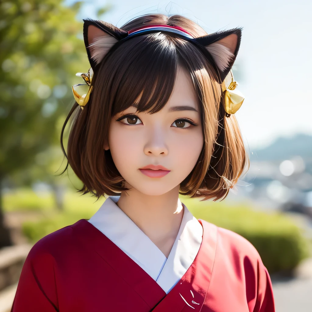 pieces fly,highest quality,highest quality,High resolution,one person,A girl with a big golden bell hair ornament on her head,Japan 18 years old,cat ear headband,white furisode,Red too,brown hair,short hair,Hide your ears,red eyes,blur the background