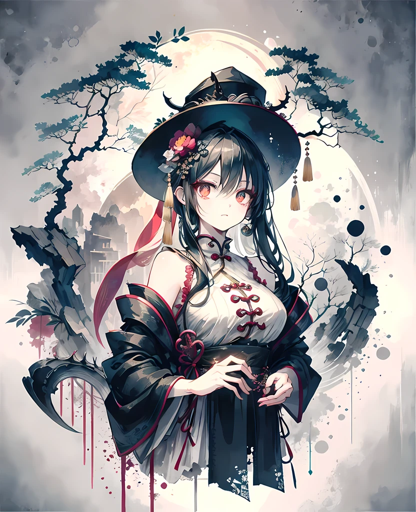 high quality,actual,[woman],[Chiang],[Chinese zombies],[Chinese dress],[cheongsam],[amulet on head],[at night],[The breast is exposed],petite,Detailed eyes and face,long eyelashes,pale skin,Ominous atmosphere,mysterious aura,classic horror,Traditional clothing,meticulous details,Strong sense of presence,A fusion of modern and traditional elements,powerful and threatening,ethereal beauty,Beautiful features,Subtle shadows and highlights,sublime aesthetics,rich palette, masterpiece, full-body shot, moonlight, sharp fangs, Extreme details, HD, Movie CG, A domed high-brimmed hat with the characteristic official hat