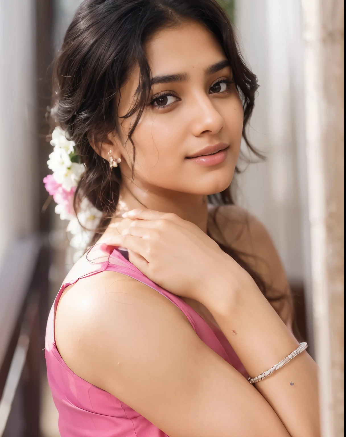 Beautiful ,23 years young Indian girl healthy, confidential looking,8k,realistic, raw photo,dark brown hair,fair skin, indian,long hair,clear facial features,, very detailed, 23years old, innocent face, natural wavy hair, high resolution, masterpiece, best quality, intricate details, highly detailed, sharp focus, detailed skin, realistic skin texture, texture, detailed eyes, professional, 4k, charming smile, shot on Canon, 85mm, shallow depth of field, kodak vision color, perfect fit body, extremely detailed, foto_\(ultra\), photorealistic, realistic, post-processing, maximum detail, roughness, real life, ultra realistic, photorealism, photography, 8k uhd, photography