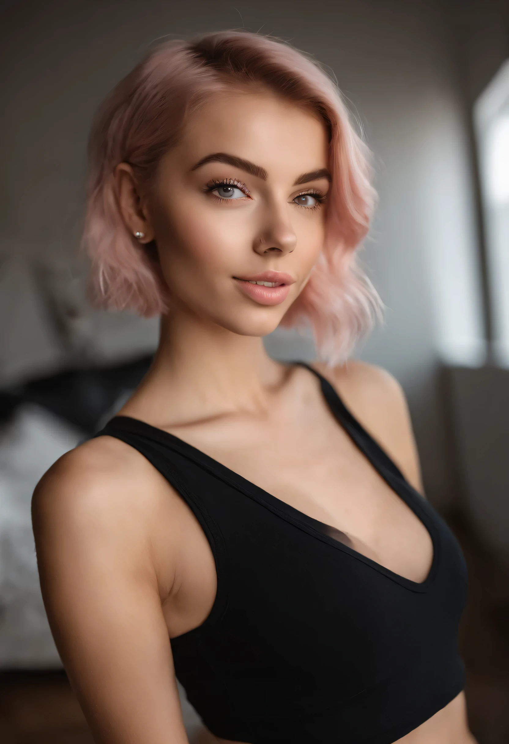 arafed woman fully , sexy girl with hazelnut eyes, ultra realistic, meticulously detailed, portrait sophie mudd, short pink hair and hazelnut eyes, selfie of a young woman, bedroom eyes, violet myers, without makeup, natural makeup, looking directly at the camera, face with artgram, subtle makeup, stunning full body shot kneeling on bed, in bedroom, medium bust, show her ass in g-string