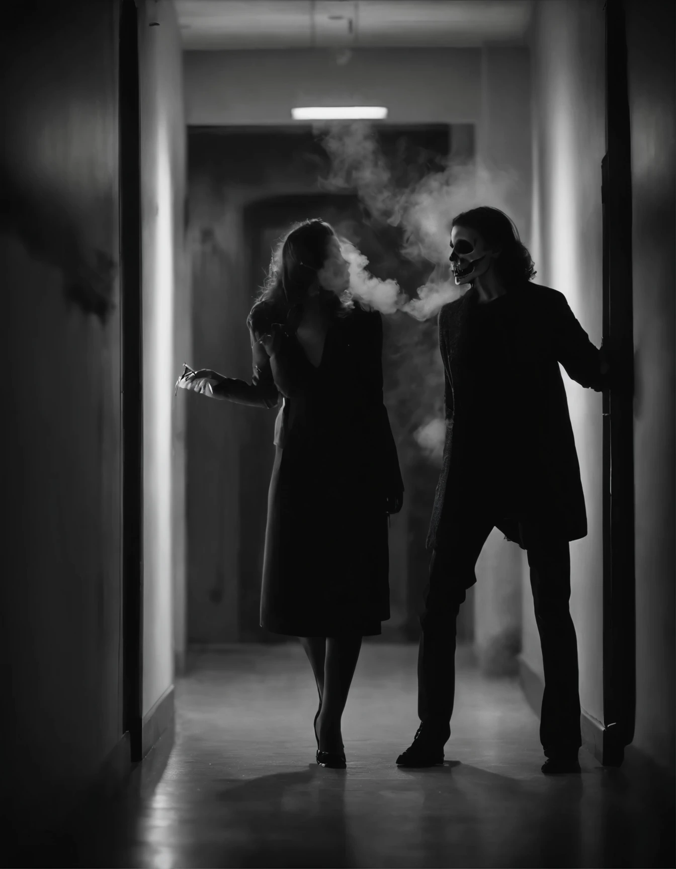 A cigarette is being smoked. in a university hallway a beautiful girl and a ghoul standing back to back appears from inside the smoke (in the shape of the smoke itself). the Ghoul has skeleton makeup.