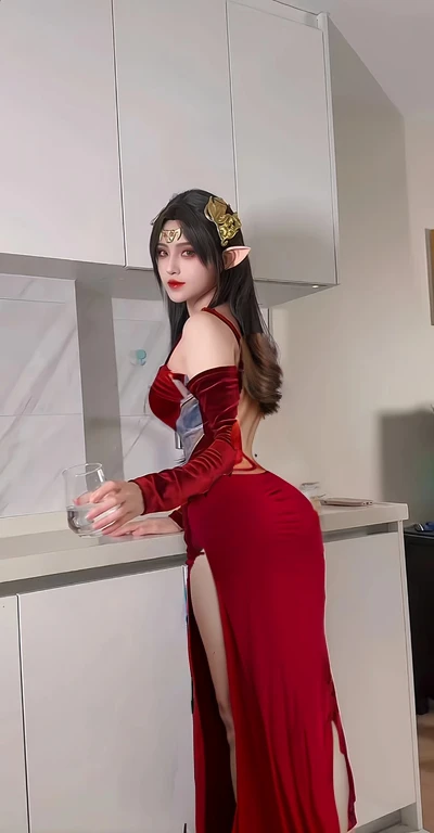 1girl, solo, long hair, breasts, looking at viewer, smile, brown hair, bare shoulders, brown eyes, jewelry, medium breasts, closed mouth, standing, ass, cowboy shot, earrings, looking back, from behind, nail polish, lips, makeup, back, red dress, red nails, side slit, zipper, backless outfit, red lips, against wall, Atomictits, ((poakl)), dress,