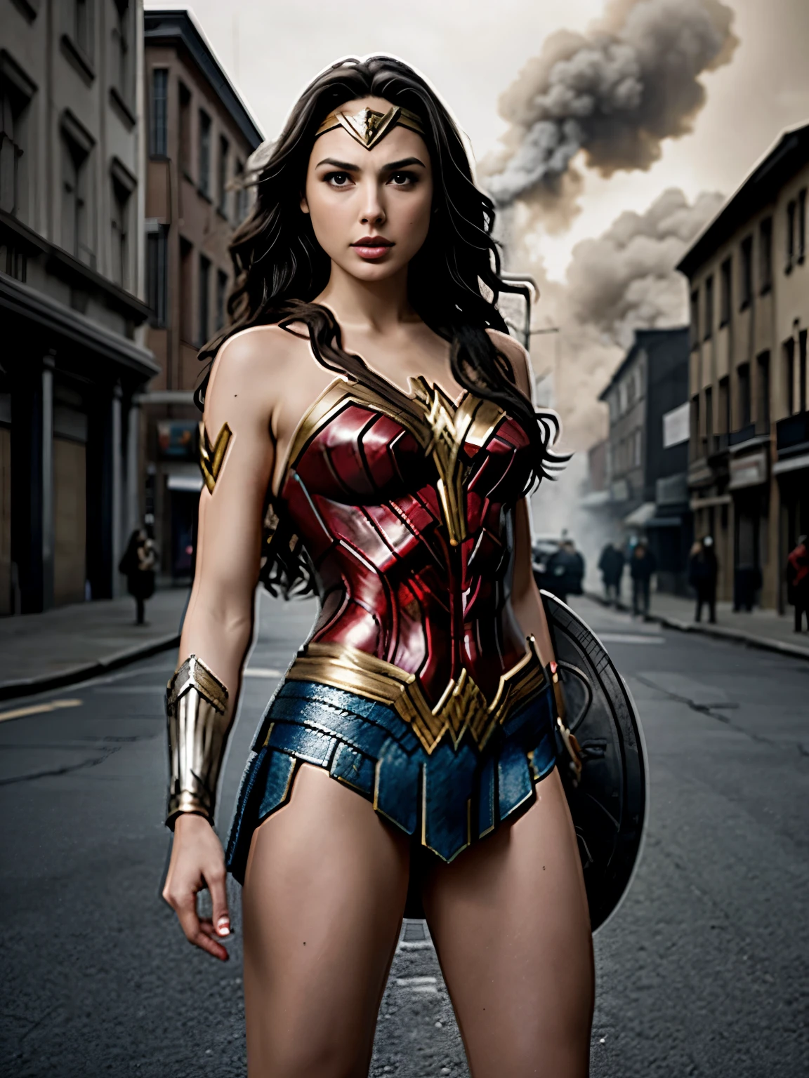 Gal Gadot in sharp focus, beautiful and sexy in an ultra realistic photograph of Wonder Woman in a dark style, realce as sombras e cores mais frias e sombrias, make her stand on a dark street at night, ela tem peitos grandes, cintura fina e pernas grossas, She is wearing black uniform, the street is the buildings around and behind it are destroyed, there is a lot of smoke and fire. Makes the photo as dark and gloomy as possible
