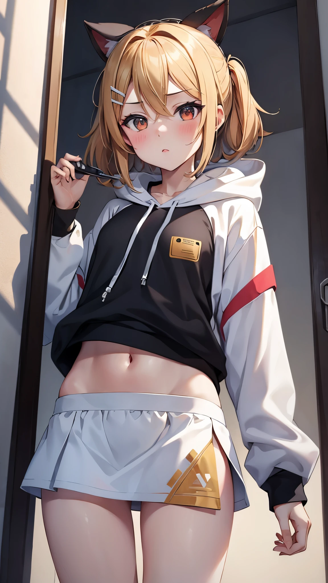 Kagamine rin , 1 girl , wearing a red hooded sweater , white miniskirt with gold horizontal lines , viendo al espectador , bragas visibles , rostro seductor ,(imagen de ultra alta calidad 8k ) obra maestra ( high-definition picture ) , maximum image resolution , ( detalles de la imagen bien definidos )