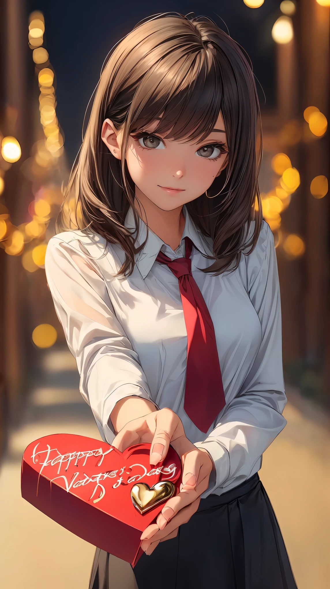 (8K, RAW photo, highest quality, masterpiece: 1.2), High-definition RAW color photo, professional photography, cinematic light, alone, (((young woman, gal))), ((white shirt, red tie)), (beautiful and fine eyes, beautiful detailed lips), (round eyes), (small face), (high detail skin: 1.2), clavicle, cute face, beautiful face, long eyelashes, (black hair, short hair), highly detailed eye drawing, ((highly detailed face)), (slim body shape:1.2), highly detailed faceと肌の質感, double eyelid, upward glance, (romantic atmosphere、bright colors), colorful, beautiful girl, smile, long hair, happy expression, ((Hold the heart-shaped gift box with both hands and hold it out.:1.9, valentine's day package, stretch your arms)), (Red and brown pop valentine's day background), hidden love, Heartwarming, soft lighting, blush, Excited, romantic atmosphere, present, expression of joy, Bright colors,