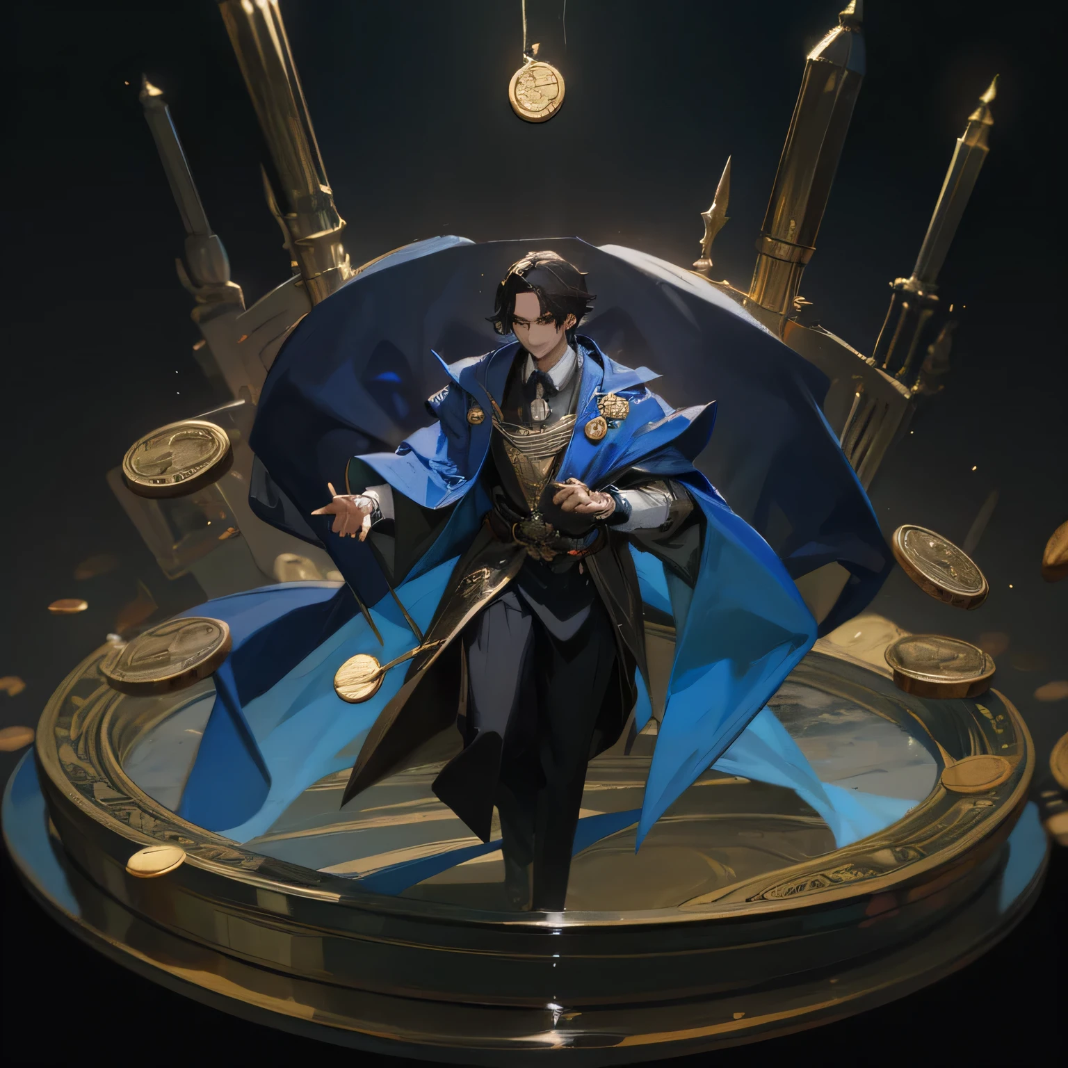 handsome young wizard of coins dark theme have coins float around