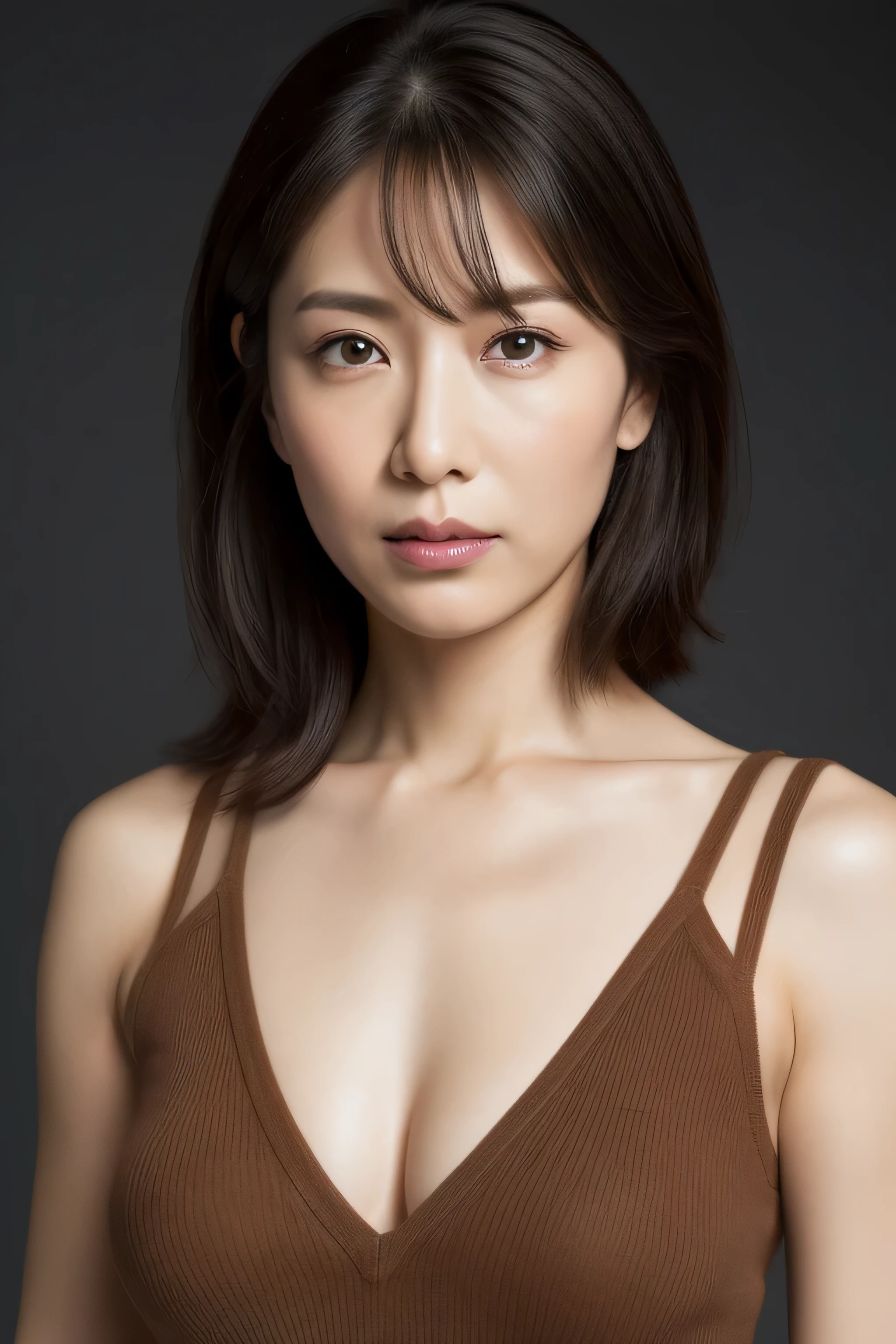 ultra high resolution, masterpiece, rough skin, very detailed, Photoreal, professional lighting, written boundary depth, sharp,
gray background, (japanese mature, 38 year old male sexy, detailed face, beautiful eyes, bangs, well-shaped small breasts, light brown straight hair, faint lips, ((stand in front、look at the audience, serious face eyes.)), theta, skirt, full body photo, cowboy shot