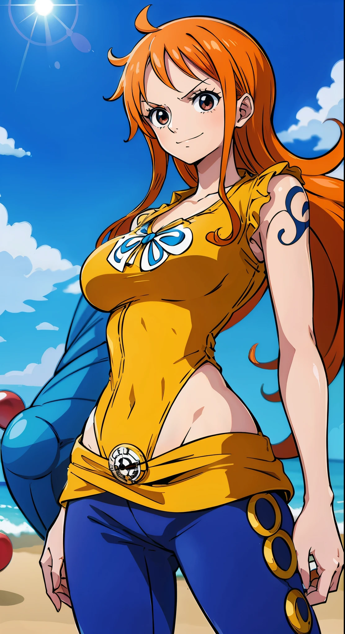 Gere uma imagem realista no estilo anime de Nami de One Piece. Capture your distinctive look with orange hair, uma camisa listrada azul e branca, and a joyful expression. Certifique-se de que a imagem reflete sua personalidade aventureira e confiante como retratada no anime., plano amplo , corpo todo, mostrando a ass, Athletic curvilinear, peito grande, coxas grossas.