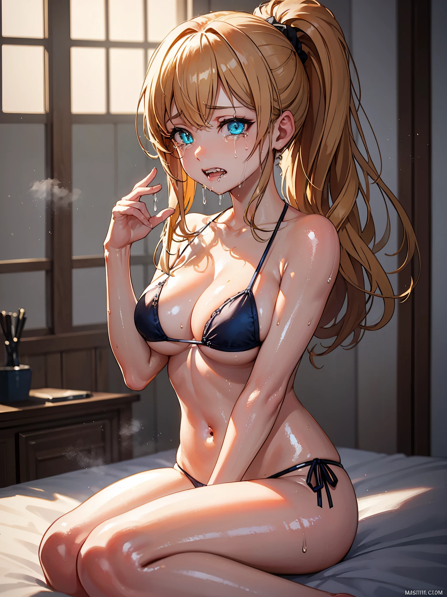 masterpiece, Best Quality, High quality, High Definition, Finely detailed, Detailed texture, realistic representation of face, Realistic, Colorful, Ray tracing, (((lighting forward))), ahegao, (((crying))), (((clenched teeth))), (drooling), (((steam))), (((eyes focus))), (glowing eyes), (Detailed beautiful delicate face, Detailed beautiful eyes, A perfectly proportioned face, High detailed skin, best ratio four finger and one thumb, (((Glowing white shiny skin))),(((oiled skin))), (((Open legs))), (((Large breasts))), (((cleavage))), ((sitting on a bed with one knee up)), ((Smooth texture, Realistic texture, Photorealistic)), (((Green eyes))), (((blonde semi-long hair, ponytail))), 1 girl, (((very small micro-bikini swimware))), (Navel ), (Beautiful face, Cute face, Detailed face)