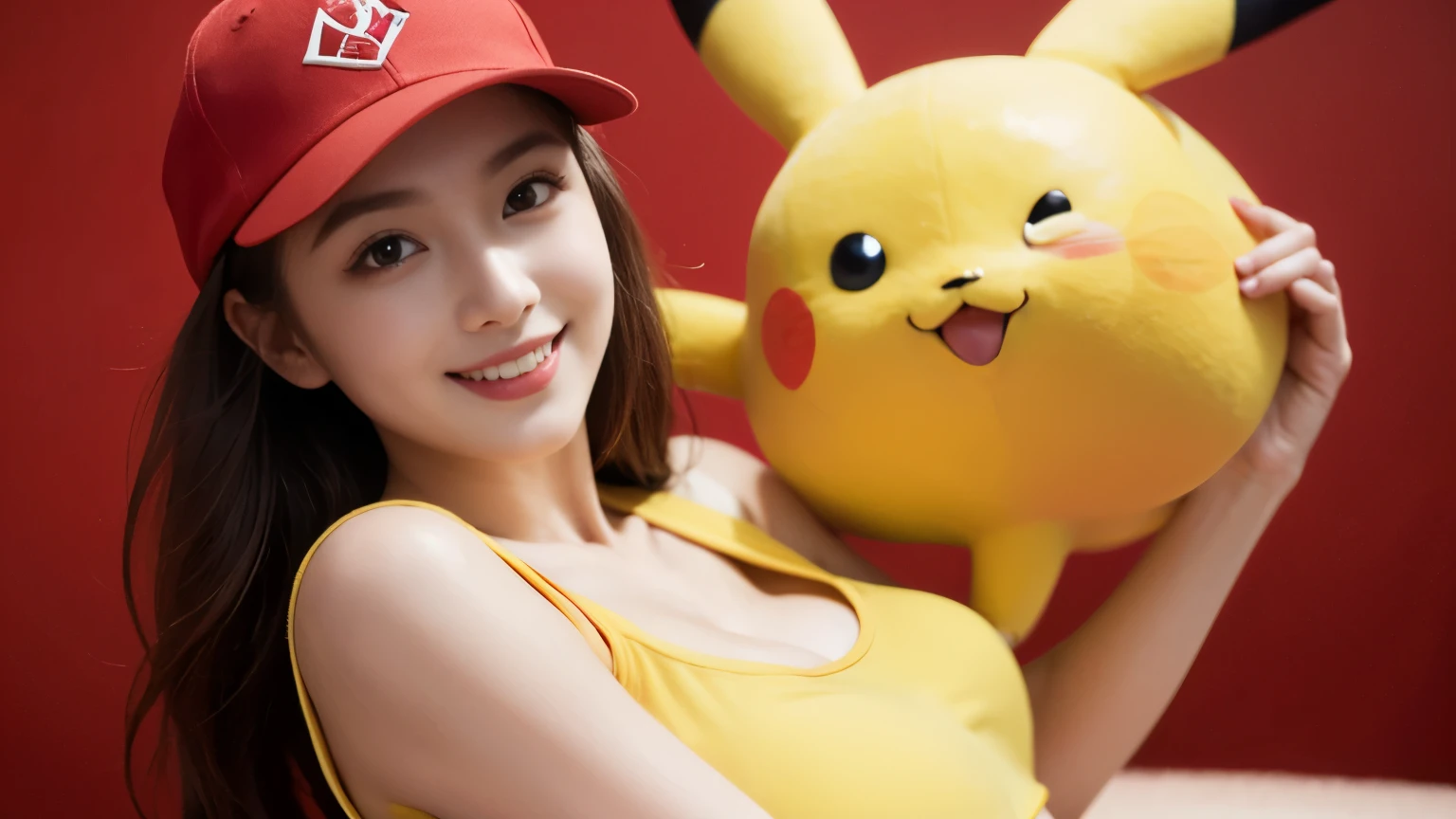 1girl,pikachu crop top, pikachu, shorts, (((best quality))),(((ultra detailed))),(((masterpiece))), detailed idol beautiful stunning face, make up, smile, red cap, all body shot, pokemon background, sexy pose, huge boob, hot nice body, ((realistic)), 1 pikachu