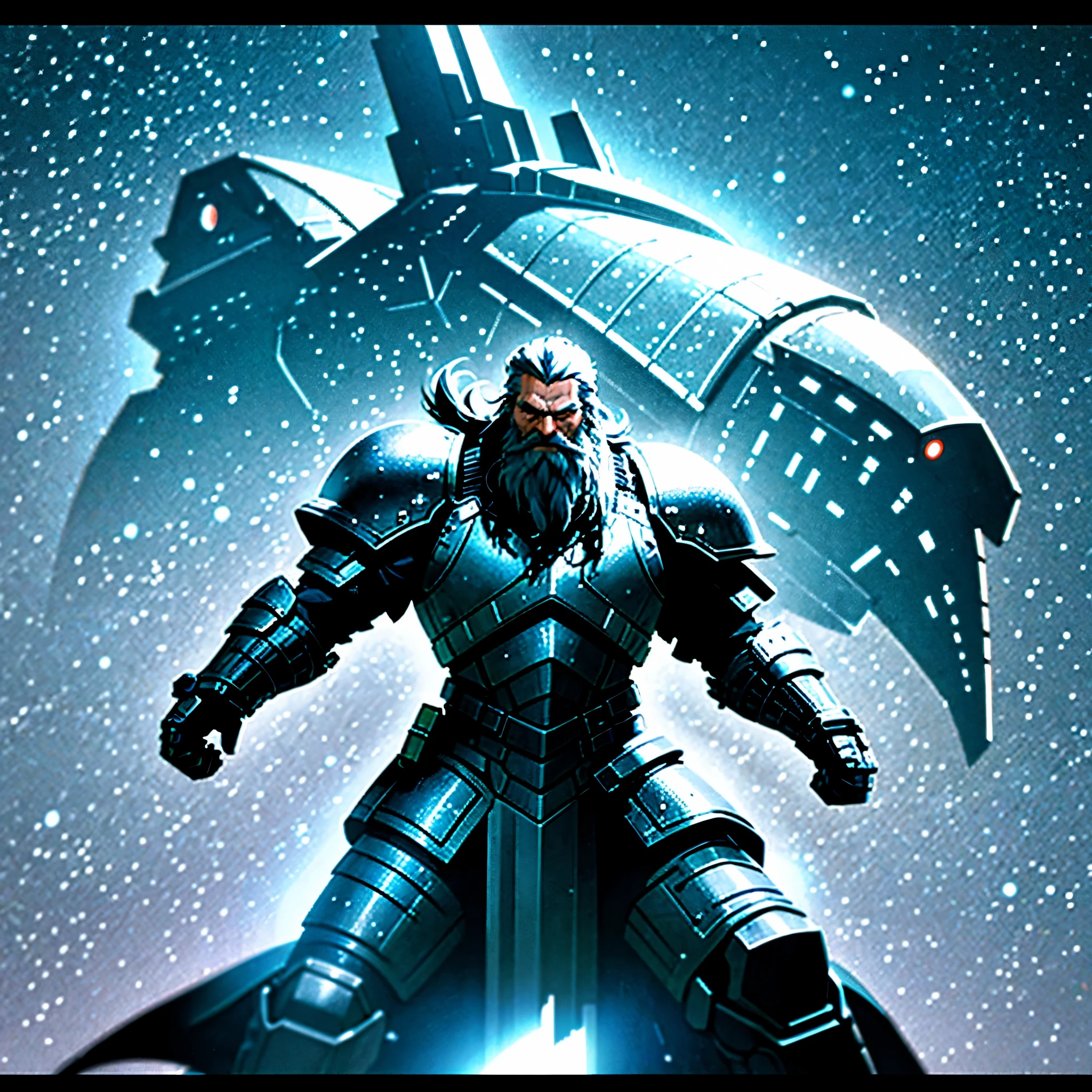 modelshoot of middle aged black bearded viking, scifi battle armour, fighting pose, futuristic background, highly detailed, spaceships in background.