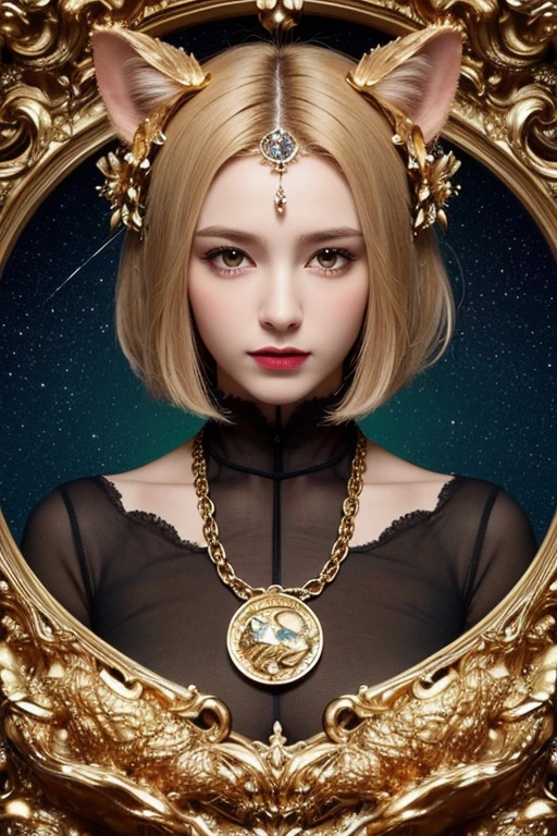Realistic, (Masterpiece, Top Quality, Best Quality, Official Art, Beautiful and Aesthetic: 1.2), Very Detailed, Fractal Art, Colorful, Most Detailed, Leo, (Abstract Background: 1.5), (1girl: 1.3), (Cat class), yellow hair, bright eyes, earnest, combed back, short hair, milky way, huge magical gold Leo astrolabe, dream, fantasy, gold trim,beautiful detailed sky, Style and Decoration for Leo, leo goddess, (nsfw:0.8), delicate refective and high glass guardrail board