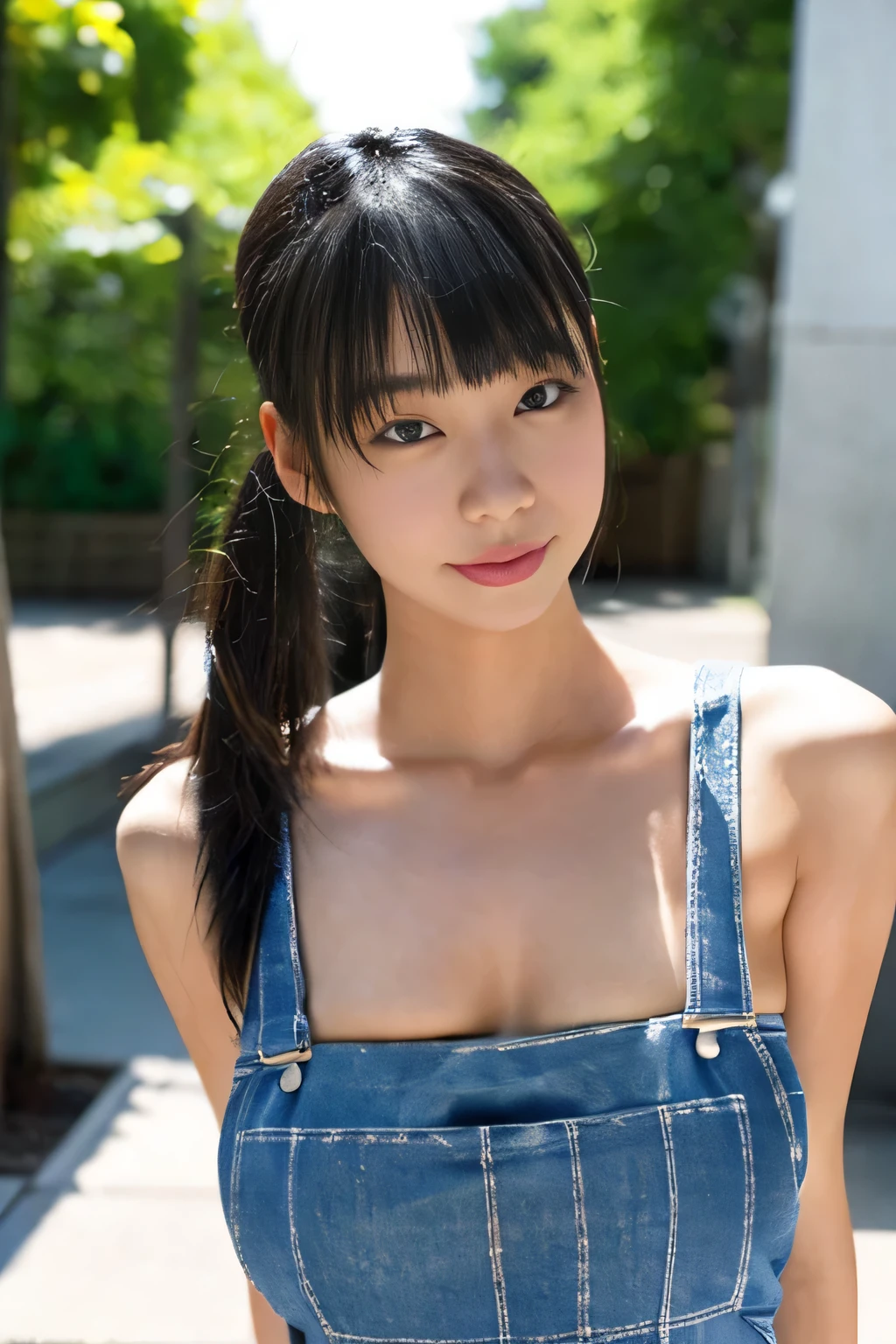 Aoyama Hikaru,(masterpiece), (highest quality), 8K resolution, 1 girl, Asian々, breathtaking beauty, perfect face, perfect body, 25 years old, sexy, cinematic light, short hair, big breasts_cleavage、Wearing overalls、stone wash、、((beautiful face))、((Japanese idol faces))、((On the streets of Tokyo))、((lazy smile))、((ponytail hairstyle_bangs))、((from below))、((side boob))、((Naked overalls))、((erotic pose))