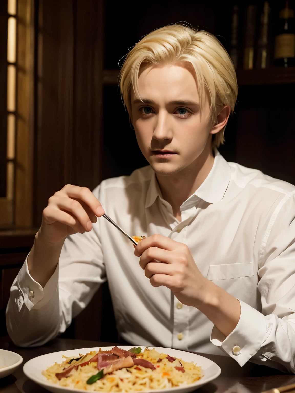 Draco Malfoy played by Tom Felton，Eat bacon fried rice，grace，Exquisite，meticulous portrait