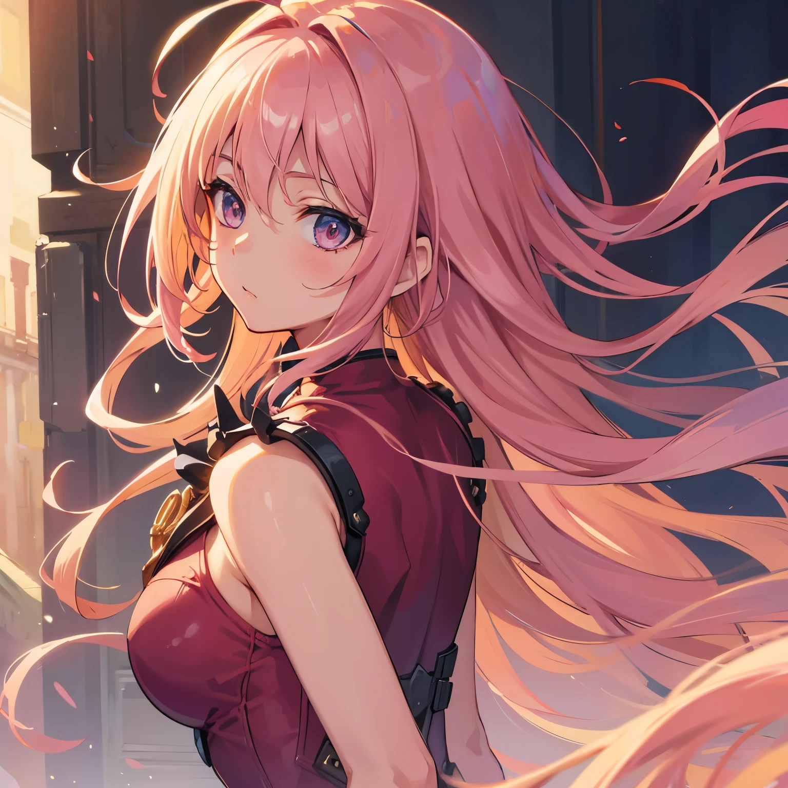 POV: Looking up at character, 1 female, cat girl, (((pale skin))), (((pink colored cat ears))), ((appearance: streaming red hair ribbons, radiant red colored eyes with cat shaped pupils,)), ((hair: long pink hair, straight hair, hair drills, side bangs, pink hair, pink cat ears)), ((body: , slender figure, large breasts, wide hips)), ((clothing: red dress, heart shaped cutout, black fishnets)), ((pose: action pose)), ((scene: city Street, lamp post, night time, River)), high quality,best quality, 8k_wallpaper,extremely detailed eyes, (large masterpiece digital art), (detailed manga illustration), (detailed line art), ((perfect)) anatomy, best hands)), (intricate details:1.3), (ultra-detailed:1.3), (illustration:1.3), (sharp focus:1.3), (natural lighting:1.05), (vivid colors:1.3)