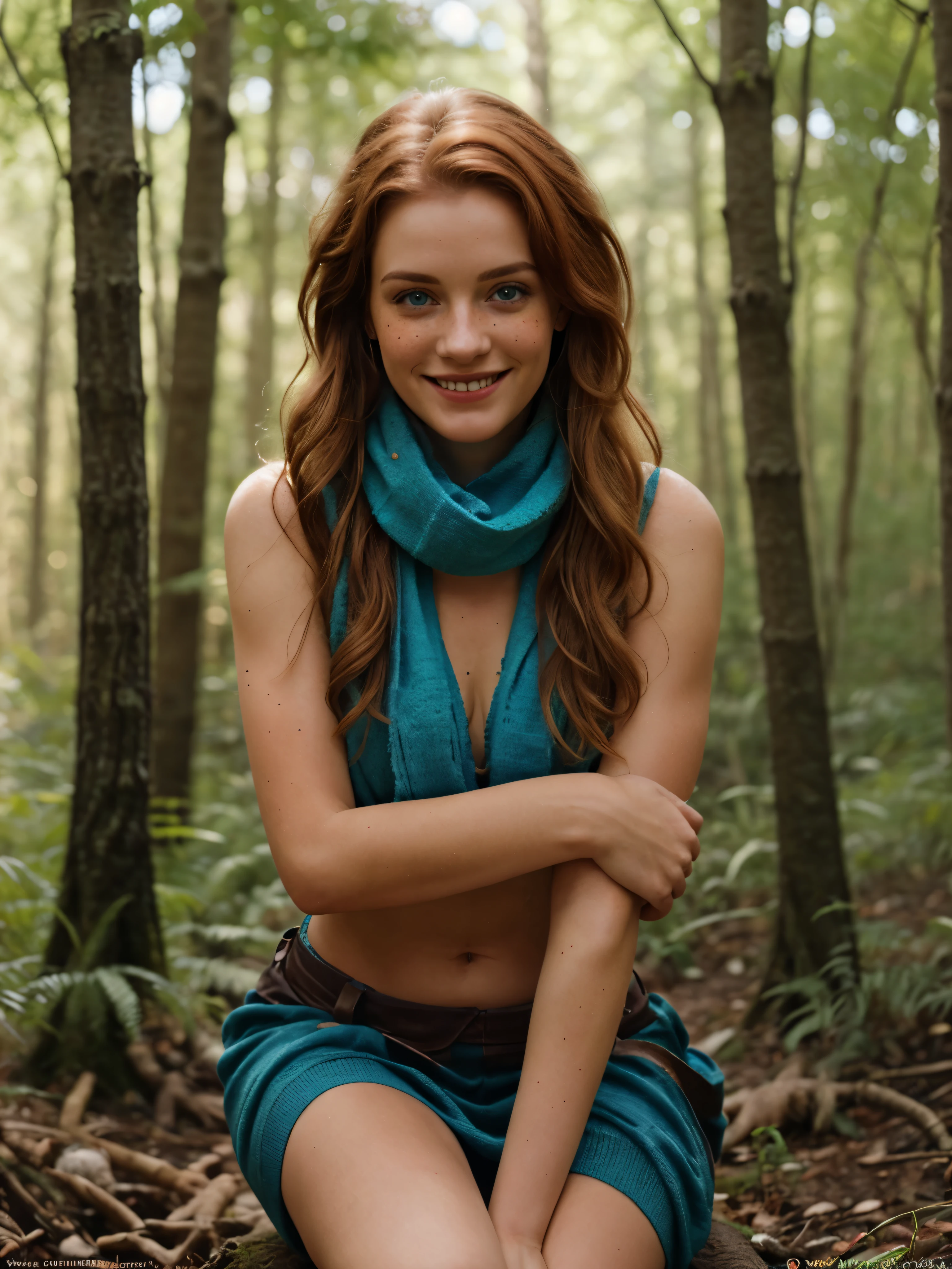 (Realistic:1.2), Photorealistic attractive beautiful woman with messy red hair, Blue eyes, small freckles, wear a long green scarf and green leg warmers, Princess Merida, brave, cute sexy, nudist, feminine pose, In the woods, Cinematic lighting, Ethereal light, complex parts, extremely detailed, full color, complex parts, Insanely detailed and confusing, Hyper maximalist, rich colors, Cinematic, smiling, bright colors, detailed beautiful eyes and perfect face, rim light, 16 thousand., Best quality