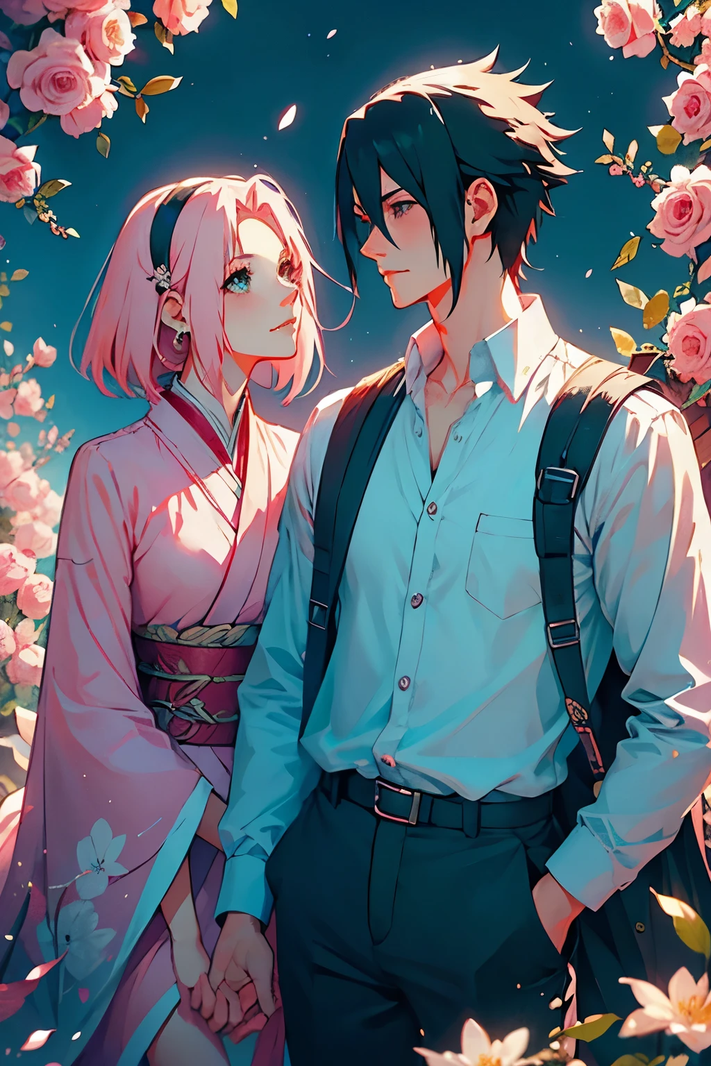 Sasusaku The couple in the photo are deeply in love and lost in the moment. Sasuke, The man is tall and handsome, with chiselled features and piercing black eyes. He has a confident and charismatic demeanor, And his love for the woman is evident in the way he looks at her with adoration. He's wearing a white shirt, increasing its sophisticated and refined appearance. The woman is equally stunning with soft features and delicate strokes, low water. Ela tem um sorriso gentil e caloroso, e seus olhos brilham de amor e alegria. Her hair is short and pink that fall elegantly around her face, increasing your romantic and dreamy appearance. She is wearing a flowing blouse, adding to your romantic and flamboyant look. Junto, o casal parece ter acabado de sair de um conto de fadas. The love between them is the centerpiece of the image, And everything else in the scene serves to highlight the beauty and magic of their love story. They are alone. (Duas pessoas). it&#39;s night, They are in a garden.