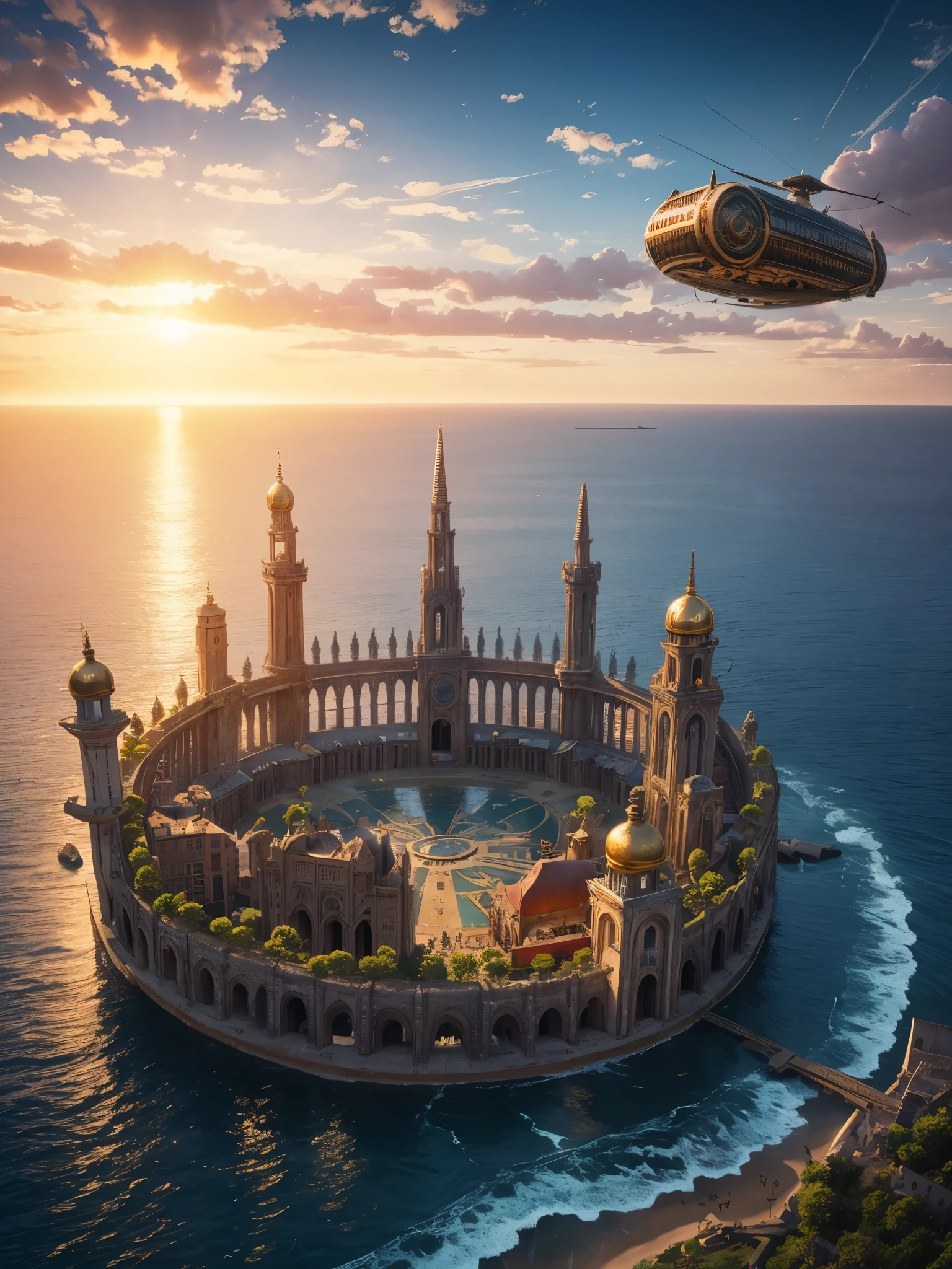 an 'ancient' Steampunk style city at Sunset surrounded by a sea of gorgeous rippling water, concentric circles of water and land, ancient old palaces, and temples made of white stone and gold,  golden light of the sunset. , bronze and gold,  steampunk airships . advanced civilization, serene yet awe-inspiring, set against the ocean's expanse. Steampunk style, city from afar, bronze and gold, intricate detail, magical, unusual, beautiful but weird, steampunk airships, inspiring sunset.