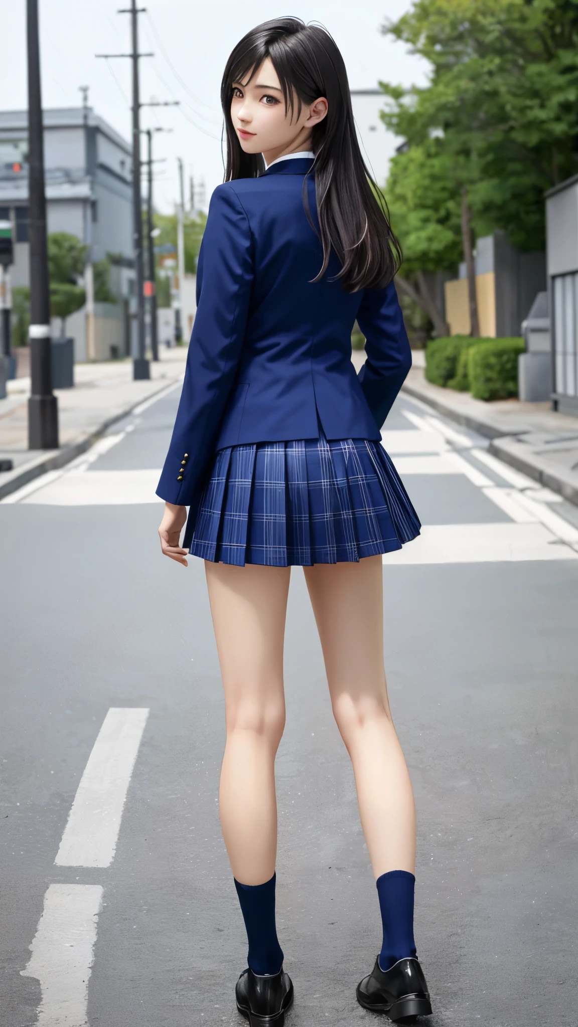 (top quality, masutepiece: 1.1), (Realistic: 1.3), (photoRealistic: 1.3),wallpapers, BREAK (((FF7,Tifa_lockhart))),behind view:1.3,(((winter,Japan jk uniform,Navy Blue blazer,Navy Blue Plaid Pleated mini-Skirt,Dark blue short socks,loafers))),(background big city,shibuya:1.1,winter:1.3,neon:1.2,wet),(gravure pose:1.3,nogizaka idol),Ultra-detailed face, Detailed eyes,Red eyes, BREAK (((FF7,Tifa_lockhart))),(black brown hair, Large breasts: 1.2), BREAK , About 18 years old,kawaii,(calf focus:1.2,back hair:1.2),sensual,looking forward:1.3,Beautiful legs,walking,full body shot