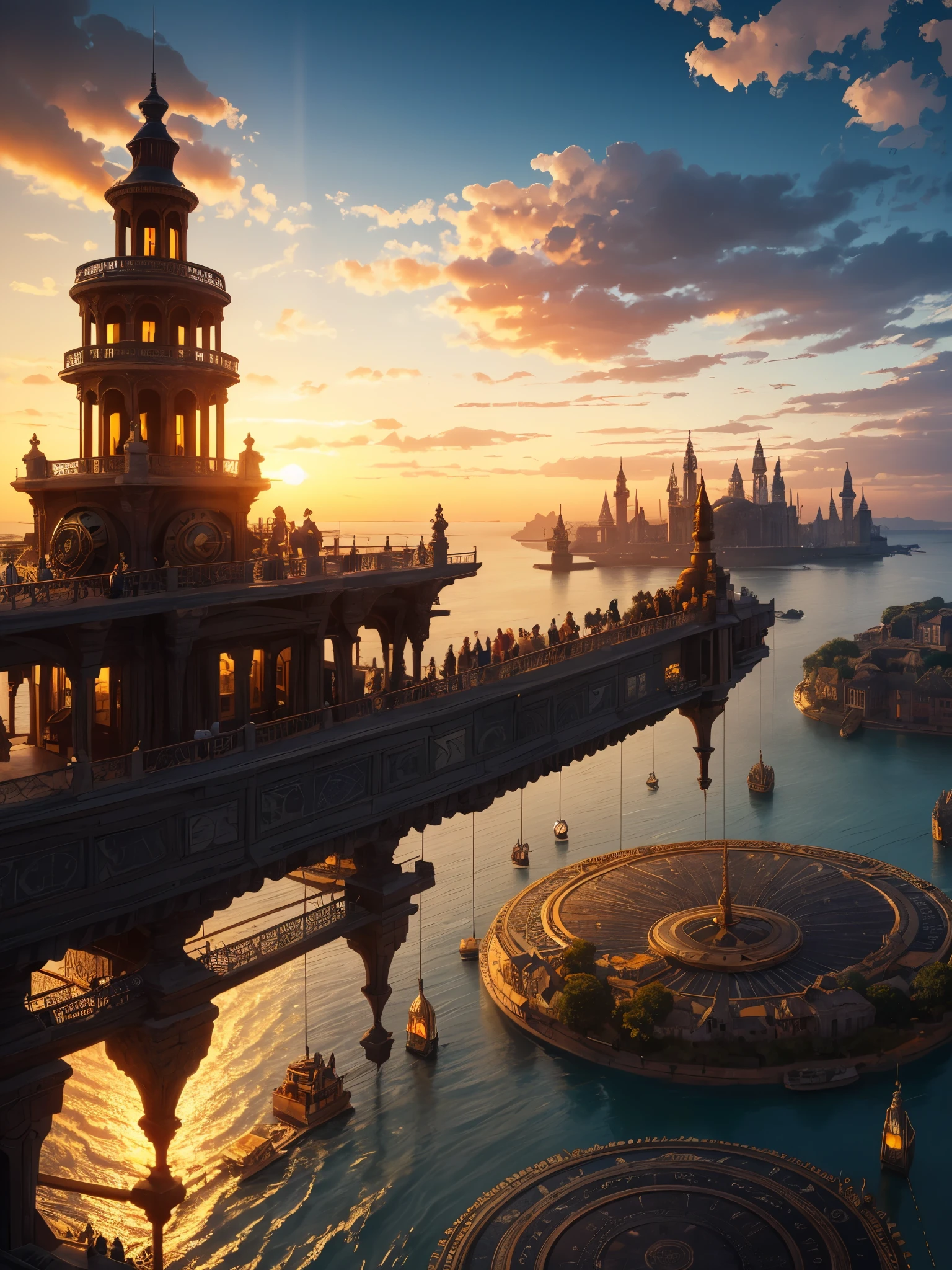 an 'ancient' Steampunk style city at Sunset surrounded by a sea of gorgeous rippling water, concentric circles of water and land, ancient old palaces, and temples made of white stone and gold,  golden light of the sunset. , bronze and gold,  steampunk airships . advanced civilization, serene yet awe-inspiring, set against the ocean's expanse. Steampunk style, city from afar, bronze and gold, intricate detail, magical, unusual, beautiful but weird, steampunk airships, inspiring sunset.
