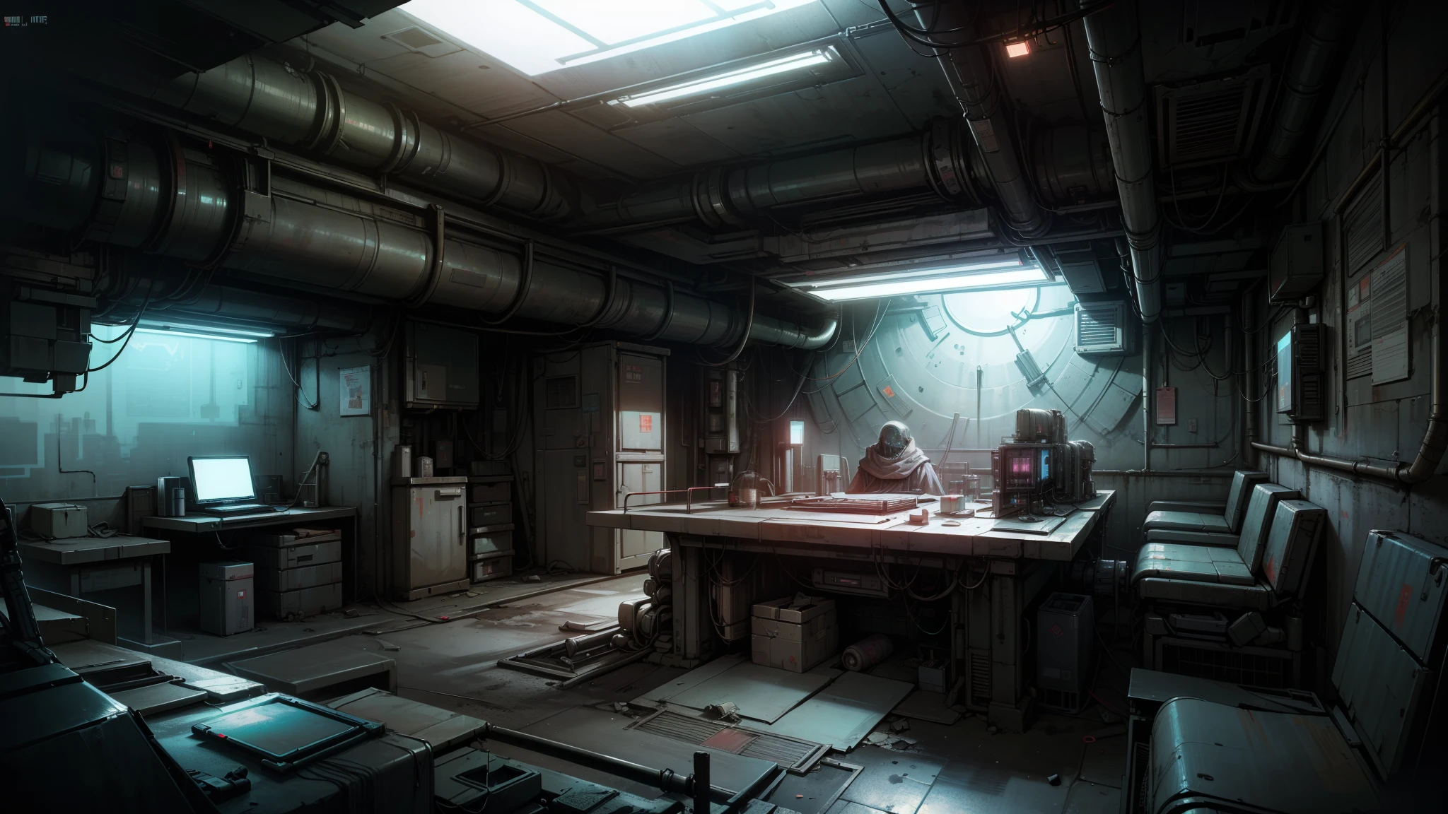 ((Best quality)), ((masterpiece)), ((science fiction, cyberpunk style)), ((abandoned brutal architecture, closed bunker)), Darkness, fog, horror, domed ceiling, ((secret laboratory)), ((bunker)), ((underground base:1.4)), computers, wires, screens, many pillows and blankets on the bed, neon light, various equipment, refrigerator, tables, chairs, dynamic view, little light