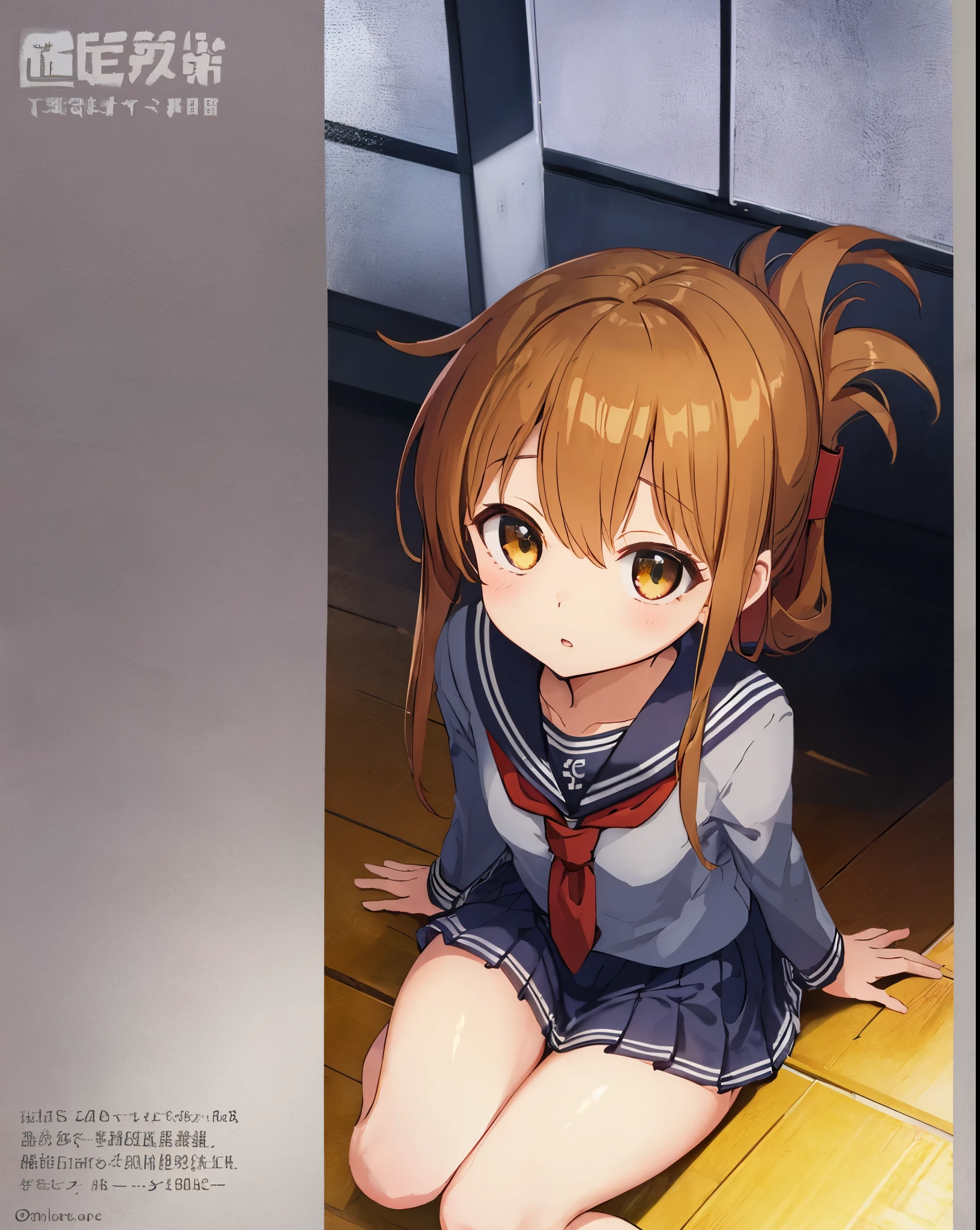 (masterpiece, highest quality:1.2),figure,8K,HD,1 girl,alone,Brown_hair,folded_ponytail,Brown_eye,serafuku,length_hair,School_uniform,skirt,pleats_skirt,1 female, 長いhair, mature, parted lips, 鬠红, compensate, Annoying, sitting, school uniform, classroom, light, shine, thighs, clavicle, tight waist, (masterpiece), wallpaper, wide angle, from directly above