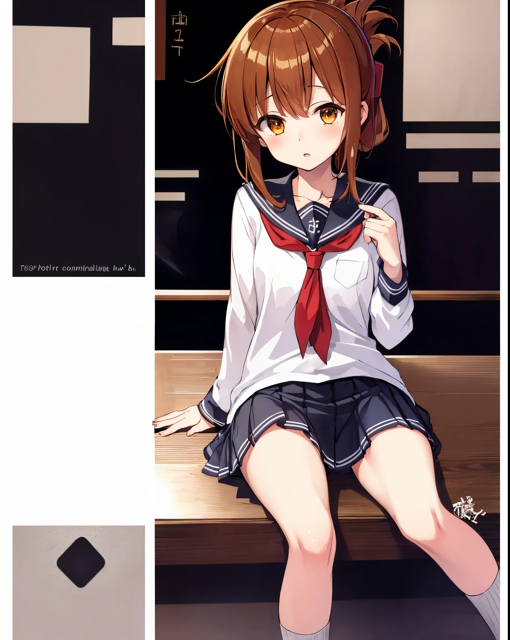 (masterpiece, highest quality:1.2),figure,8K,HD,1 girl,alone,Brown_hair,folded_ponytail,Brown_eye,serafuku,length_hair,School_uniform,skirt,pleats_skirt,1 female, 長いhair, mature, parted lips, 鬠红, compensate, Annoying, sitting, school uniform, classroom, light, shine, thighs, clavicle, tight waist, (masterpiece), wallpaper, wide angle, from directly above