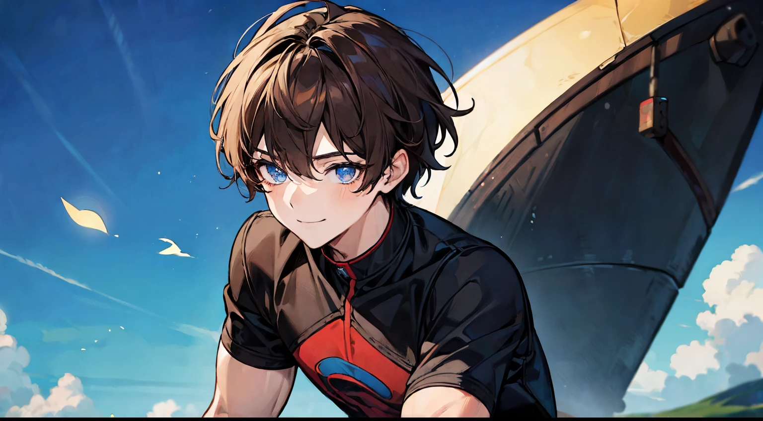 ((masterpiece)),(((best quality))), (high-quality, breathtaking),(expressive eyes, perfect face), short, young muscular boy, short brown hair, blue eyes, smiling, black outfit, wear short shorts, shine, glow, red roses, sunshine, blue sky, up close, portrait