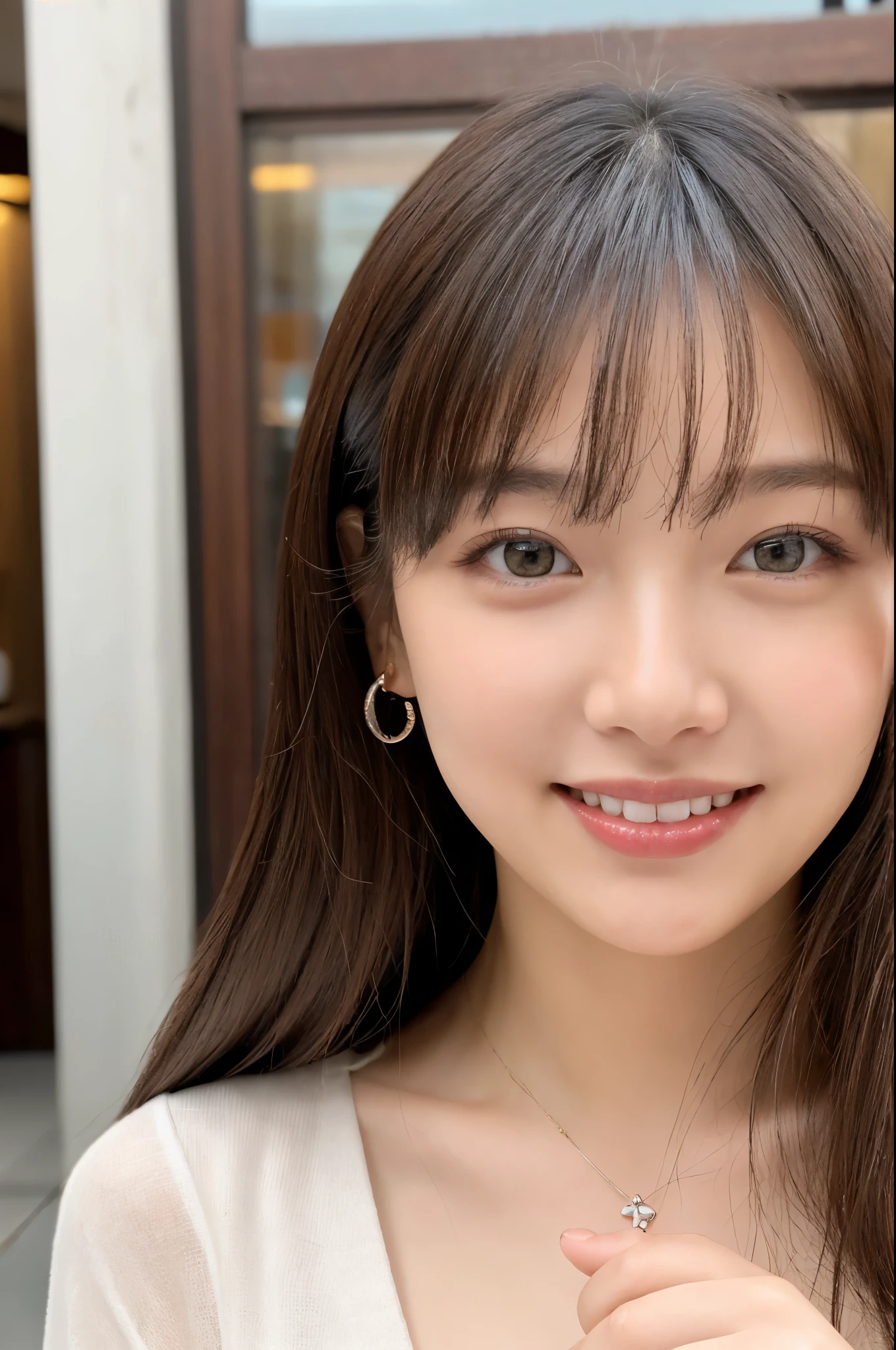 ulzzang-6500-v1.1,  (RAW photo:1.2), (Photoreal), beautiful detailed girl, (See-through:1.3), (genuine: 1.4), very detailed目と顔, beautiful and fine eyes, elegant long dress、(very affectionate smile:1.2)、huge file size, High resolution, very detailed, highest quality, [masterpiece:1.6], enlightenment, very detailed, nffsw, finely, highest quality, 8k wallpaper, movie lighting, 1 girl, 17 years old, perfect body shape, Cute droopy eyes、beautiful big eyes、Pieck finger, ((muste piece)), highest quality, 1 girl, eye shadow, Upper body, portrait, ((full body shot:1.2))、