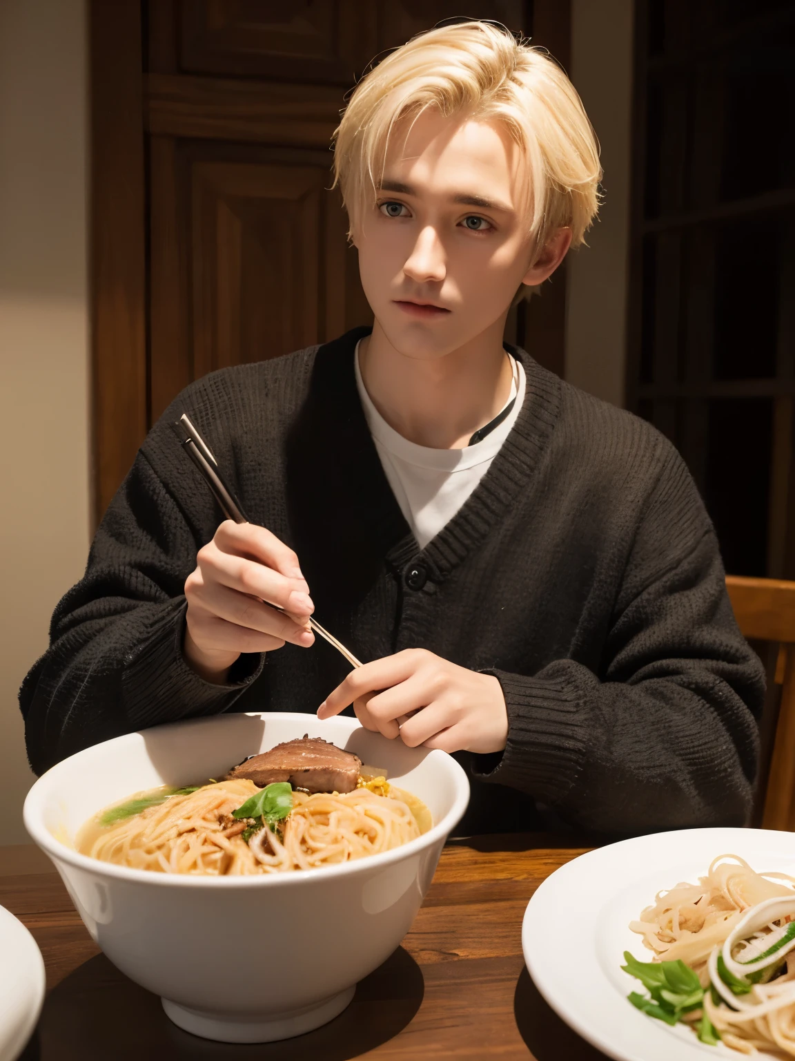 Draco Malfoy played by Tom Felton,Eat braised pork rice noodles,grace,Exquisite,meticulous portrait