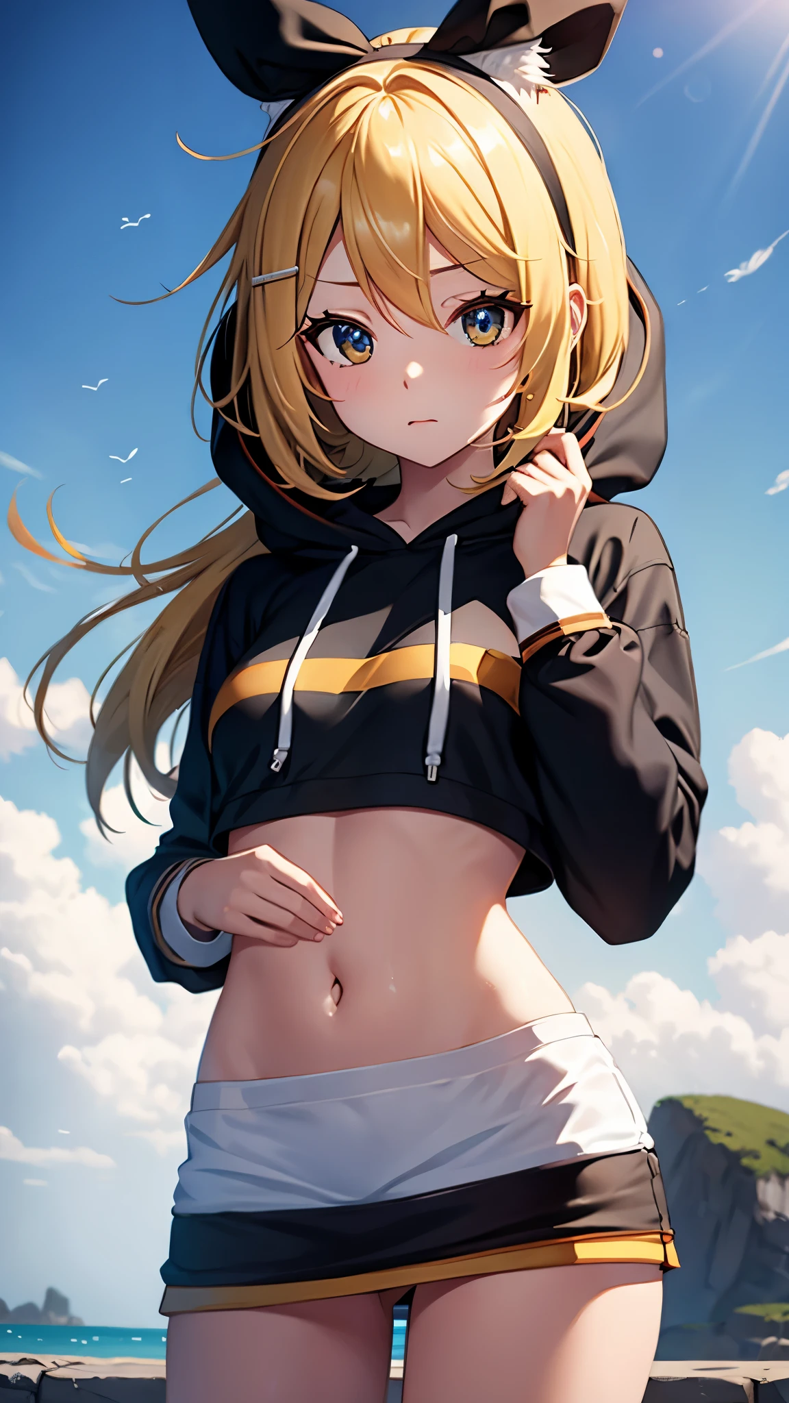 Kagamine rin , 1 girl , wearing a red hooded sweater , white miniskirt with gold horizontal lines , viendo al espectador , bragas visibles , rostro seductor ,(imagen de ultra alta calidad 8k ) obra maestra ( high-definition picture ) , maximum image resolution , ( detalles de la imagen bien definidos )