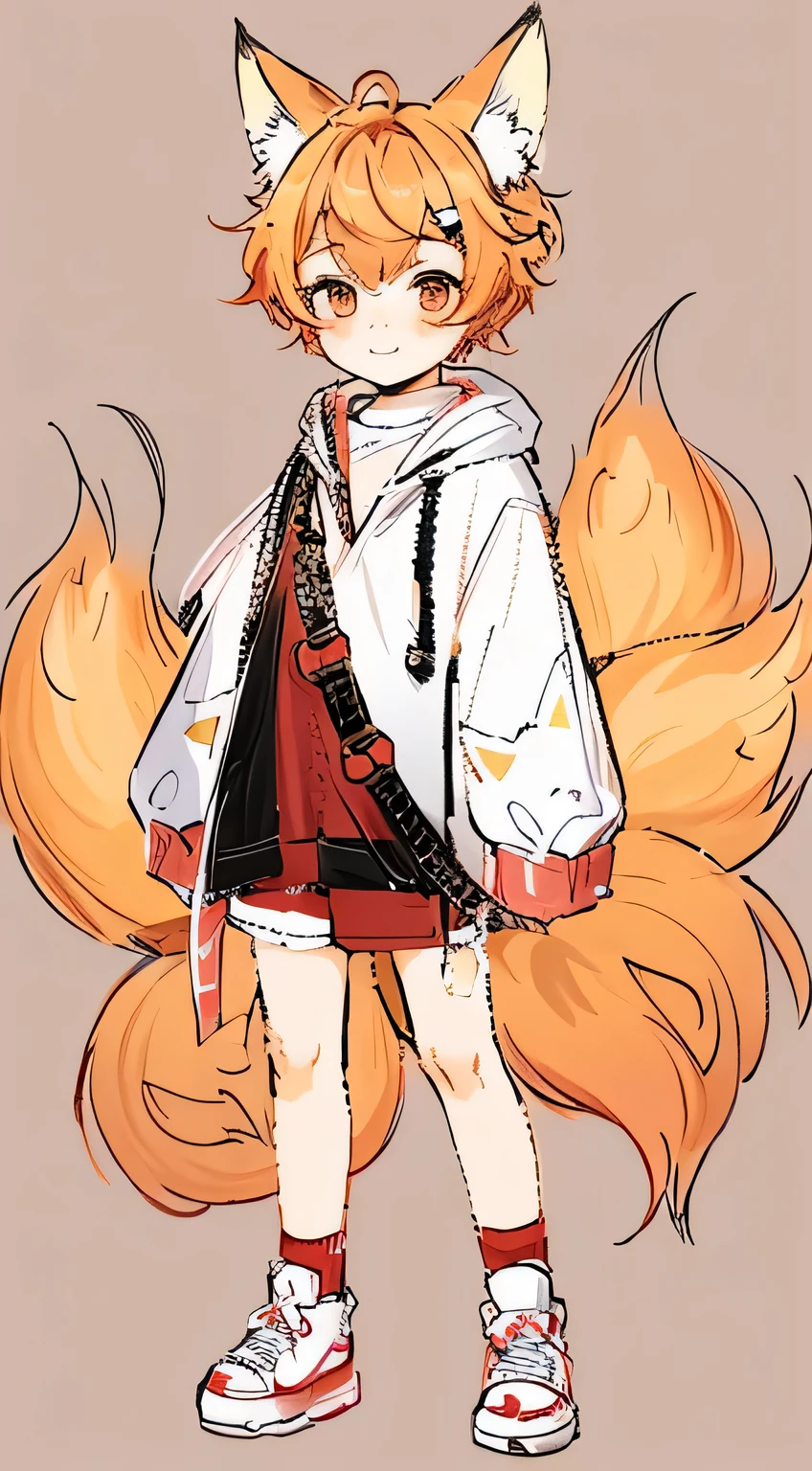 animal ears,Tail,1 boy,male focus,fox Tail,fox ears,multiple Tails,shoe,shorts,Sleeves extend beyond wrists,whole body,hood,long sleeves,looking at the audience,hair accessories,White background,alone,Fox Boy,Smile,simple background,permanent,hood down,Keep your mouth shut,sock,hairpin,hoodie,blush,运动shoe,puffy long sleeves,ahog,:3,Fox girl,