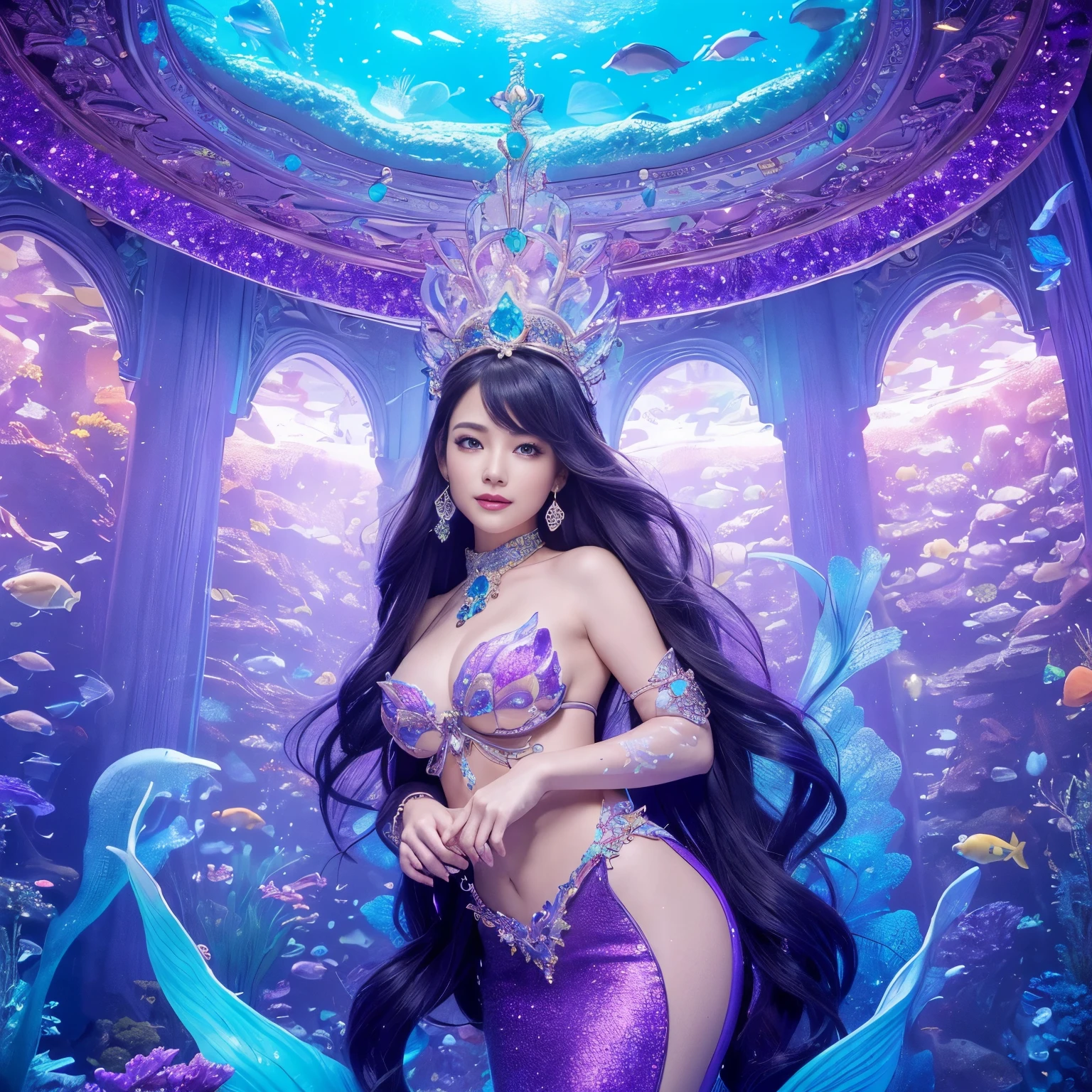 (highest quality、table top、8K、best image quality、hyper realism)、(The most extravagant and extravagant mermaid goddess:1.2)、(The most extravagant and gorgeous mermaid princess:1.2)、(The most realistic and perfect mermaid tail and scales:1.2)、(The most realistic and perfect mermaid tail:1.3)、(The most luxurious and finest transparent sleeve:1.1)、(upper body photo:1.1)、(The wall of the room is a huge high quality aquarium:1.2)、(A huge, highly detailed aquarium of the highest quality:1.3)、(Surrounded by a huge aquarium of the highest quality:1.2)、(The highest quality aquarium with the most fantastic dome-shaped ceiling:1.2)、(Detailed depiction of the most beautiful gigantic aquarium that shines fantastically:1.2)、(Surrounded by the most luxurious and fantastical huge purple and blue aquarium:1.2)、(Huge aquarium with the most detailed depiction of marine life:1.2)、(Sparkling purple and blue、Luxurious princess room with the most magical domed ceiling:1.2), (A sparkling room made of the most magical purple and blue sparkling crystals:1.3)、(There are many beautiful corals and shells in the room.)、(the best smile when you look at me:1.2)、Wavy brown hair、Complex, Finely shining scales、(Finest Huge Jewelry Decoration:1.1)、The most gorgeous luxury princess costume、the most luxurious decoration、全身にComplex宝石が施されている、Please describe her face in detail、Giant tiara、Clear and detailed background、(Everything is a fantastic and glittering background:1.1)、(accurate anatomy:1.1)、(The most luxurious and huge finest jewelry decoration:1.1)、(The most fantastic and luxurious huge aquarium:1.3)