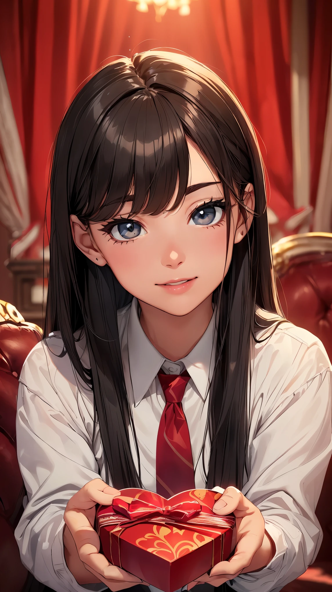 (8K, RAW photo, highest quality, masterpiece: 1.2), High-definition RAW color photo, professional photography, cinematic light, alone, (((young woman, gal))), ((white shirt, red tie)), (beautiful and fine eyes, beautiful detailed lips), (round eyes), (small face), (high detail skin: 1.2), clavicle, cute face, beautiful face, long eyelashes, (black hair, short hair), highly detailed eye drawing, ((highly detailed face)), (slim body shape:1.2), highly detailed faceと肌の質感, double eyelid, upward glance, (romantic atmosphere、bright colors), colorful, beautiful girl, smile, long hair, happy expression, ((Hold the heart-shaped gift box with both hands and hold it out.:1.9, valentine's day package, stretch your arms)), (Red and brown pop valentine's day background), hidden love, Heartwarming, soft lighting, blush, Excited, romantic atmosphere, present, expression of joy, Bright colors,