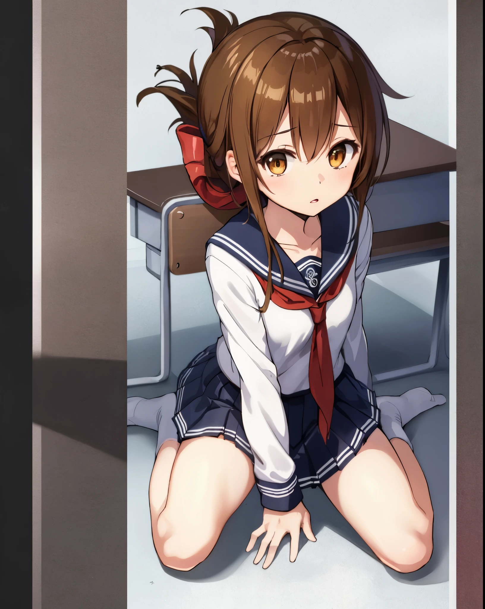 (masterpiece, best quality, ultra-detailed, high resolution, perfect anatomy, detailed, highres, extremely detailed, ultra detailed, very aesthetic:1), (nsfw:1), (kyoto animation:1.2), yuuki_yuna, Yuki Yuna is a brave man, (1girl, solo, hair ornament, red eyes, thighhighs, long sleeves, school uniform, dress, bow, red ribbon, hair between eyes, White hair ribbon, bright red hair, black thighhighs, side ponytail:1.1), (The feet are straddling the wooden horse, crotch rub, The rocking horse is too high for the feet to touch:1.4), (painful face:1.2), (cowboy shot:1.2)