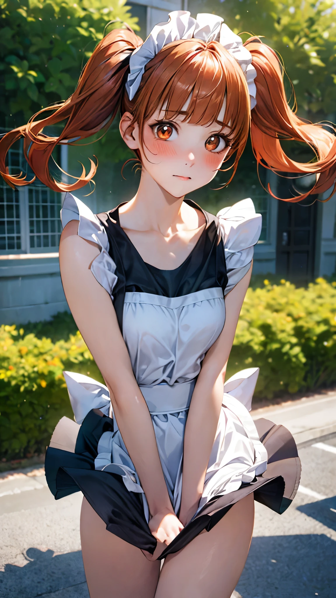 (masterpiece:1.2, top-quality), (realistic, photorealistic:1.4), beautiful illustration, (natural side lighting, movie lighting), ,
(looking at viewer), 1 girl, japanese, high school girl, perfect face, cute and symmetrical face, shiny skin, ,
(middle hair:1.5, twintails:1.2, orange hair), blunt bangs, gold eyes, drooping eyes, long eye lasher, (large breasts:0.6),
beautiful hair, beautiful face, beautiful detailed eyes, beautiful clavicle, beautiful body, beautiful chest, beautiful thighs, beautiful legs,
((french maid)),
(beautiful scenery), day time, flower garden, modern, (facing the front), (impatient expression, blushing cheeks, embarassed expression), (((skirt tug, wind lift))),