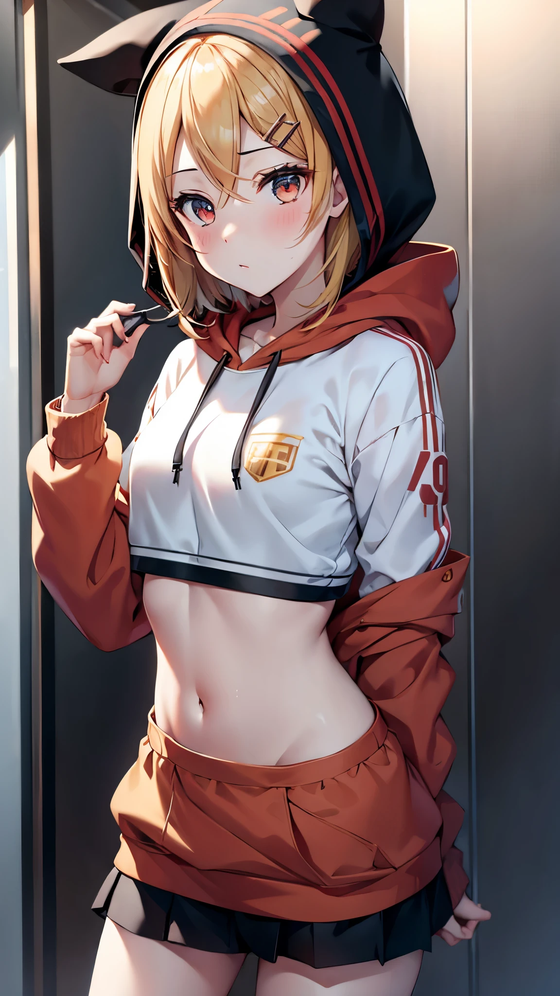 Kagamine rin , 1 girl , wearing a red hooded sweater , white miniskirt with gold horizontal lines , viendo al espectador , bragas visibles , rostro seductor ,(imagen de ultra alta calidad 8k ) obra maestra ( high-definition picture ) , maximum image resolution , ( detalles de la imagen bien definidos )