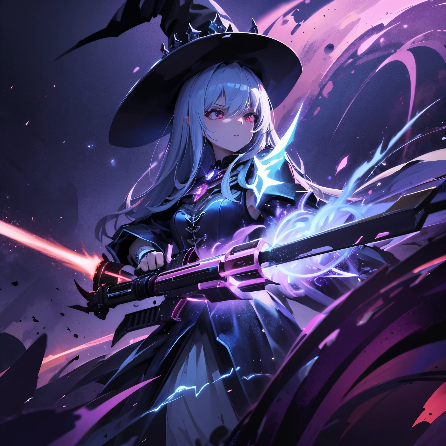 (Highly detailed 8K wallpaper), Medium shot of Loline Necromancer, particle lighting, high detail, dramatic, Gatling gun in hand, pretty background, Wearing a wizard's hat, Top weapon in the background removed